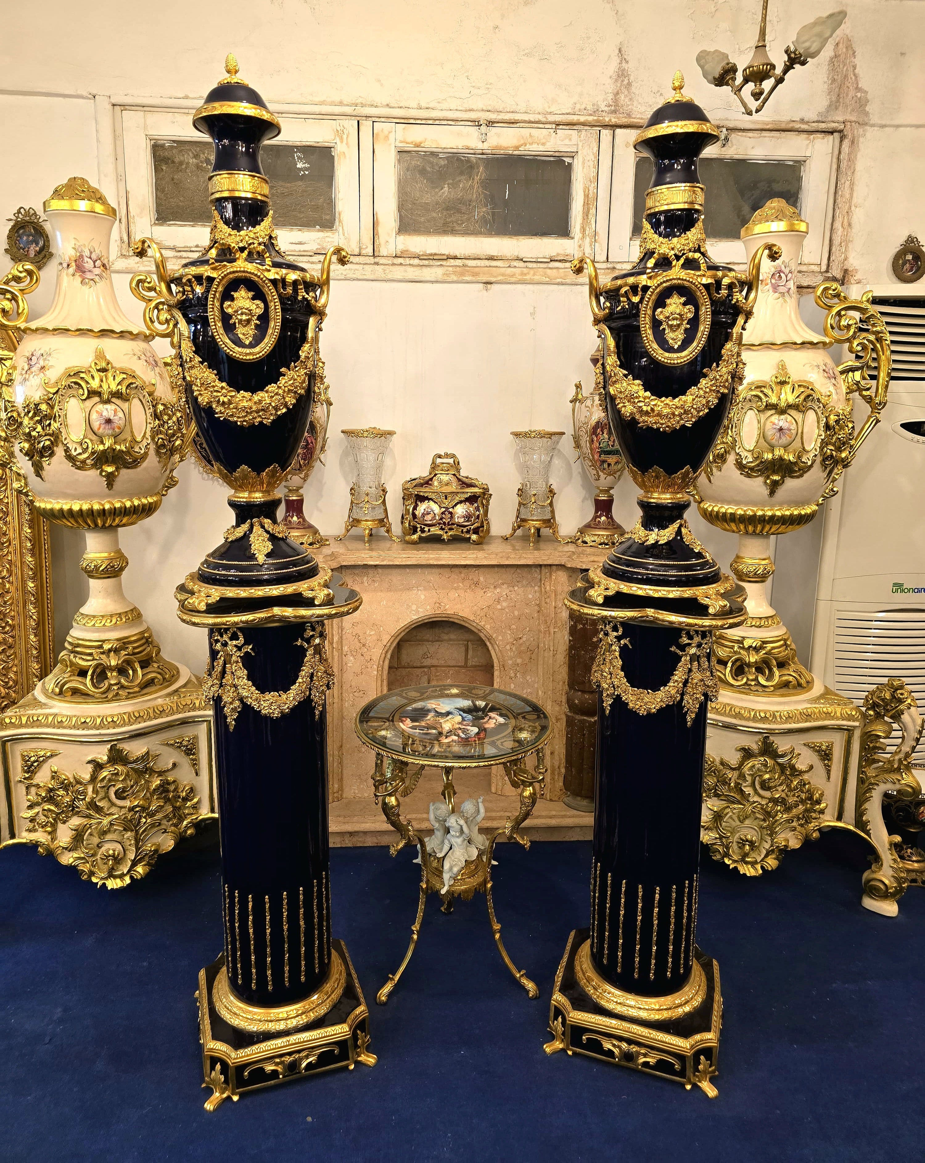 Grand Sevres-Style Midnight Blue Porcelain Vase on Pedestal with Gold Leaf & Bronze Details