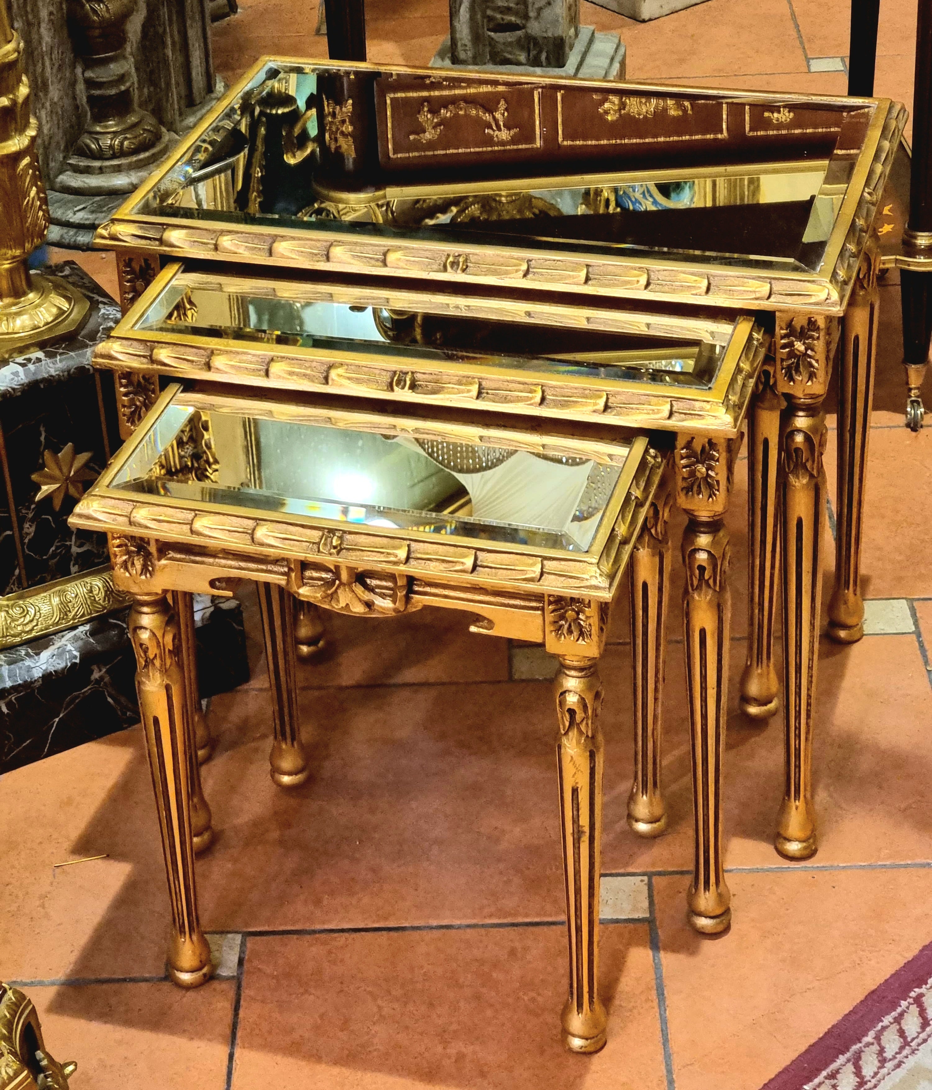 French Style Nesting Tables – Set of 3 with Mirrored Tops & Gold Leaf Finish