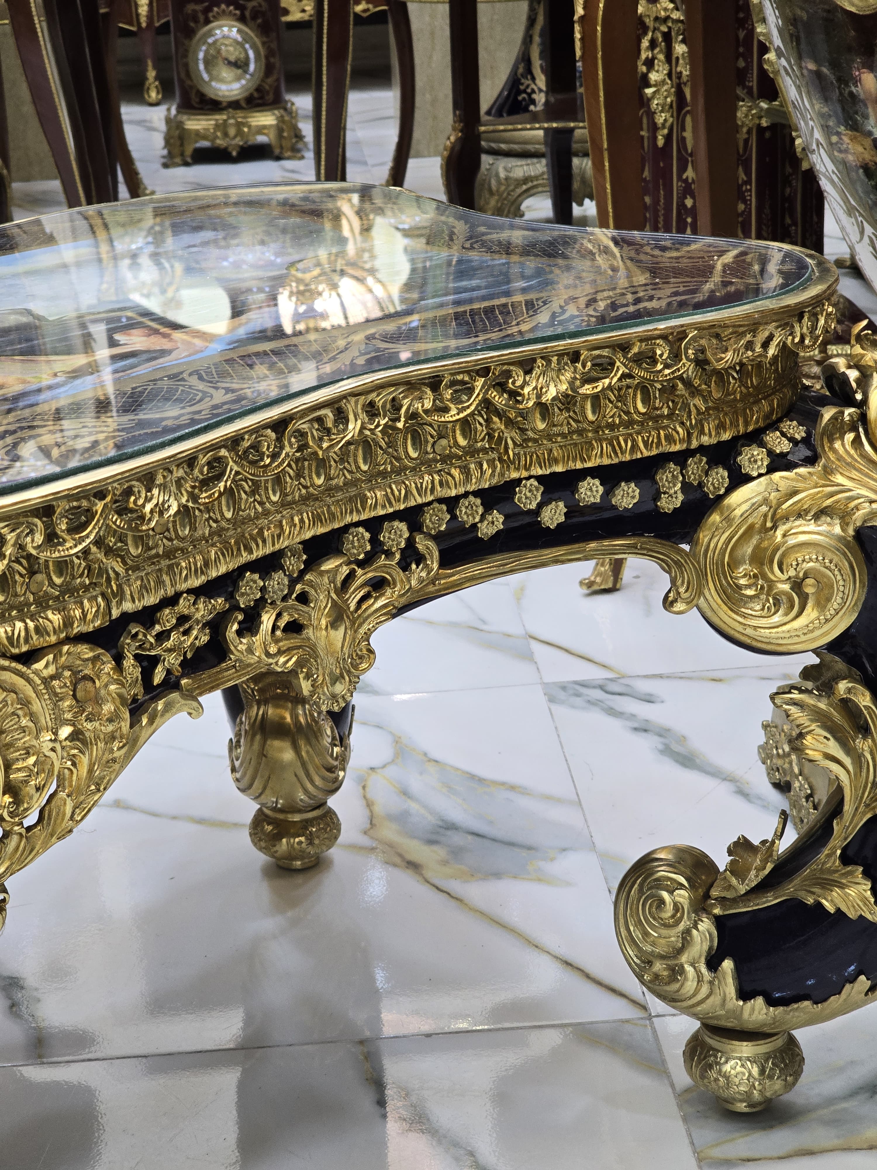 Monumental French Rococo Coffee Table with Hand-Painted Artwork Under Glass & Gilded Bronze Details