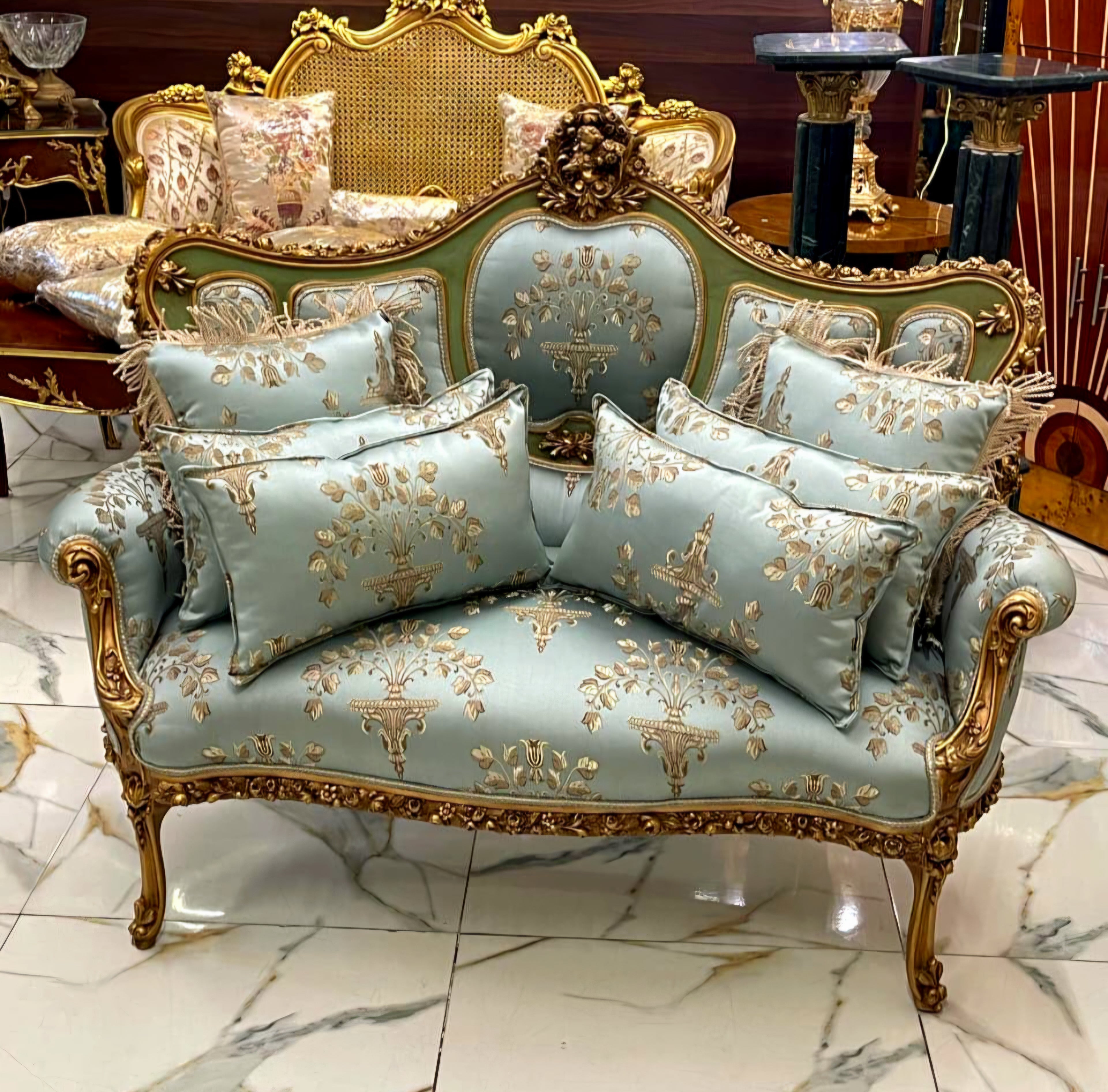 French Rococo Sky Blue Sofa – Hand-Carved Gold Leaf Frame, Luxury Statement Piece