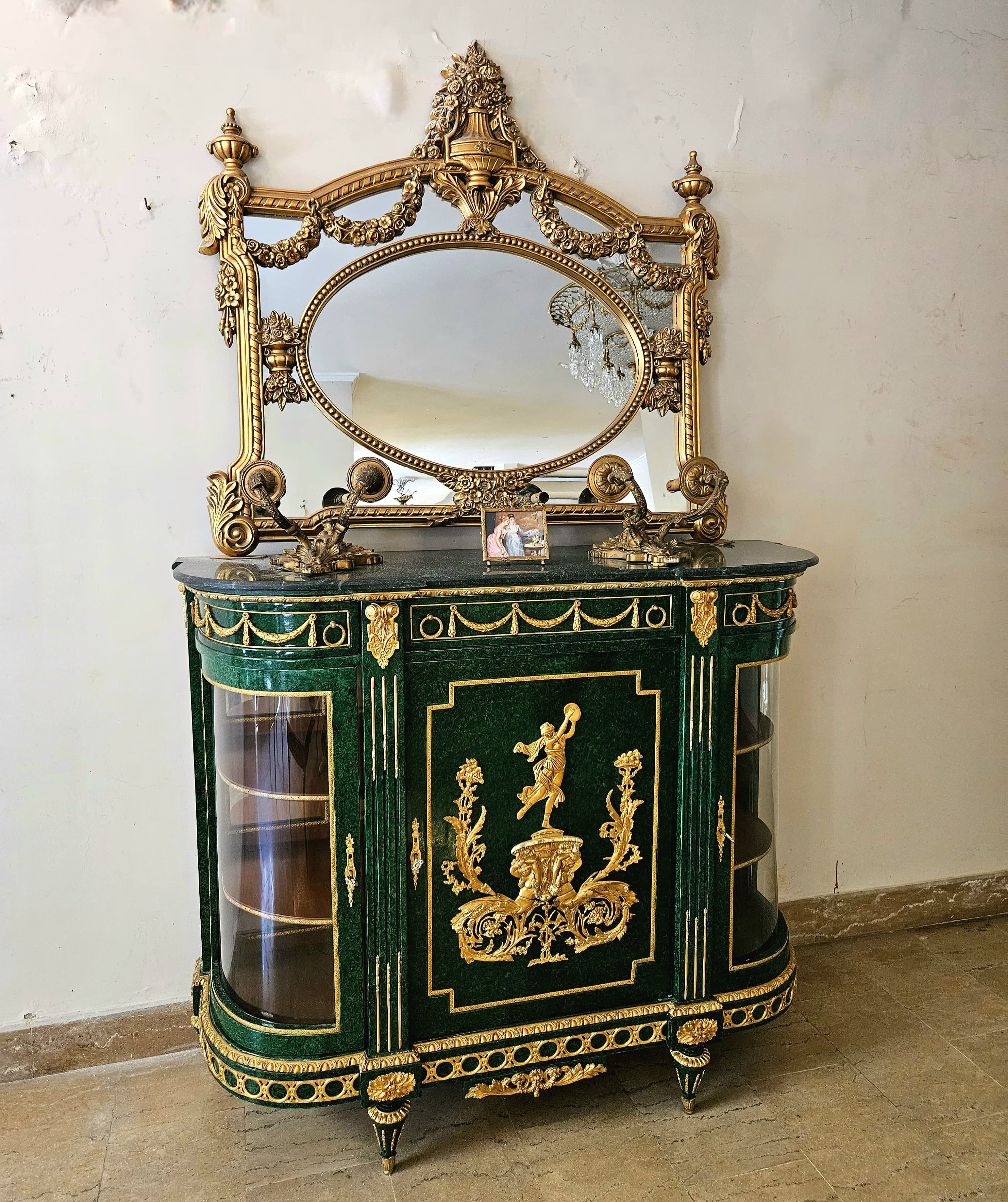 French Empire Style Green Display Commode with Gilded Bronze Mounts & Curved Glass Side Cabinets