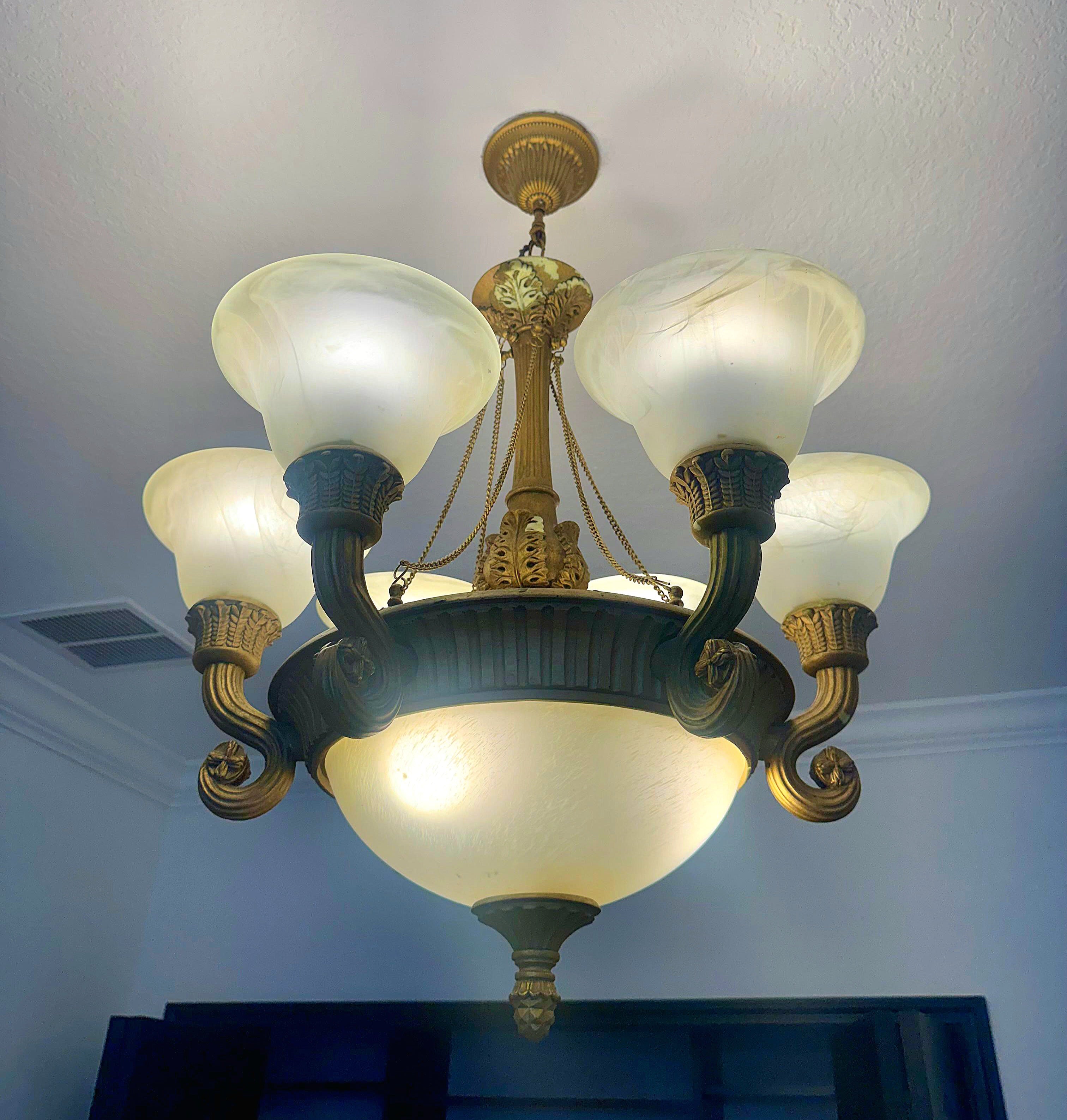 French Empire Vintage 26"H Set of 2 (ceiling to bottom 32”) Neoclassical Alabaster & Heavy Gilded Brass Chandelier 9 Bulbs