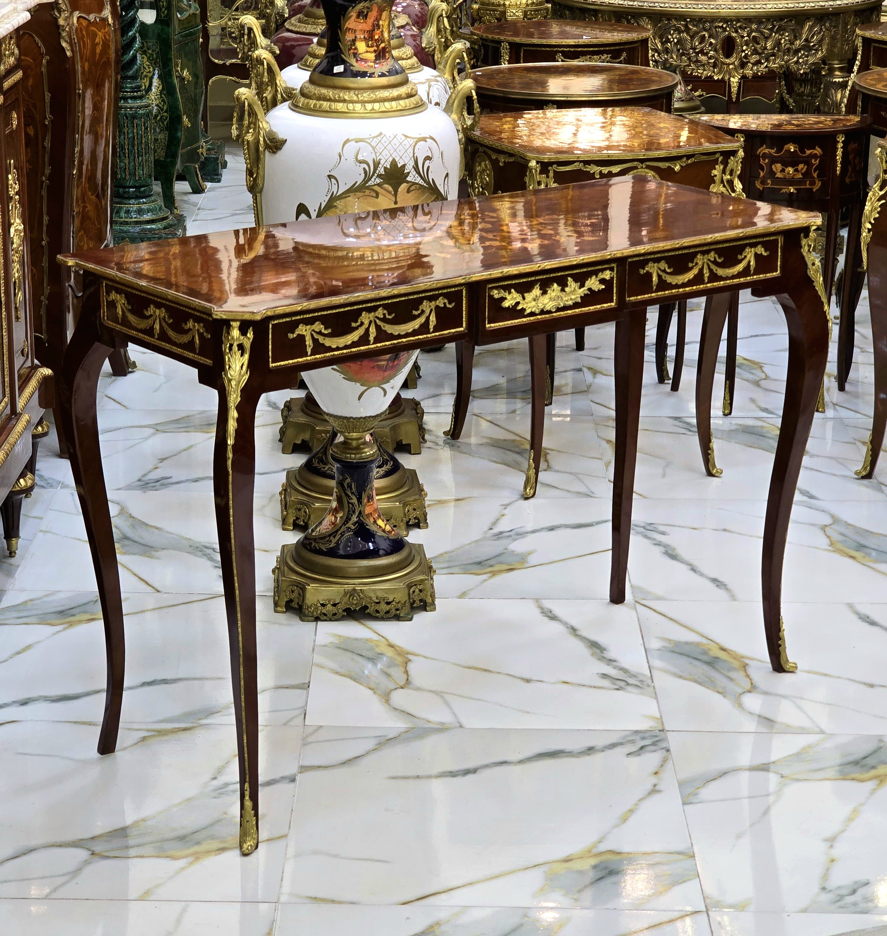 Rococo Style Console Table with Dark Brown Finish & Gold Leaf Details – Handcrafted Luxury Accent Piece