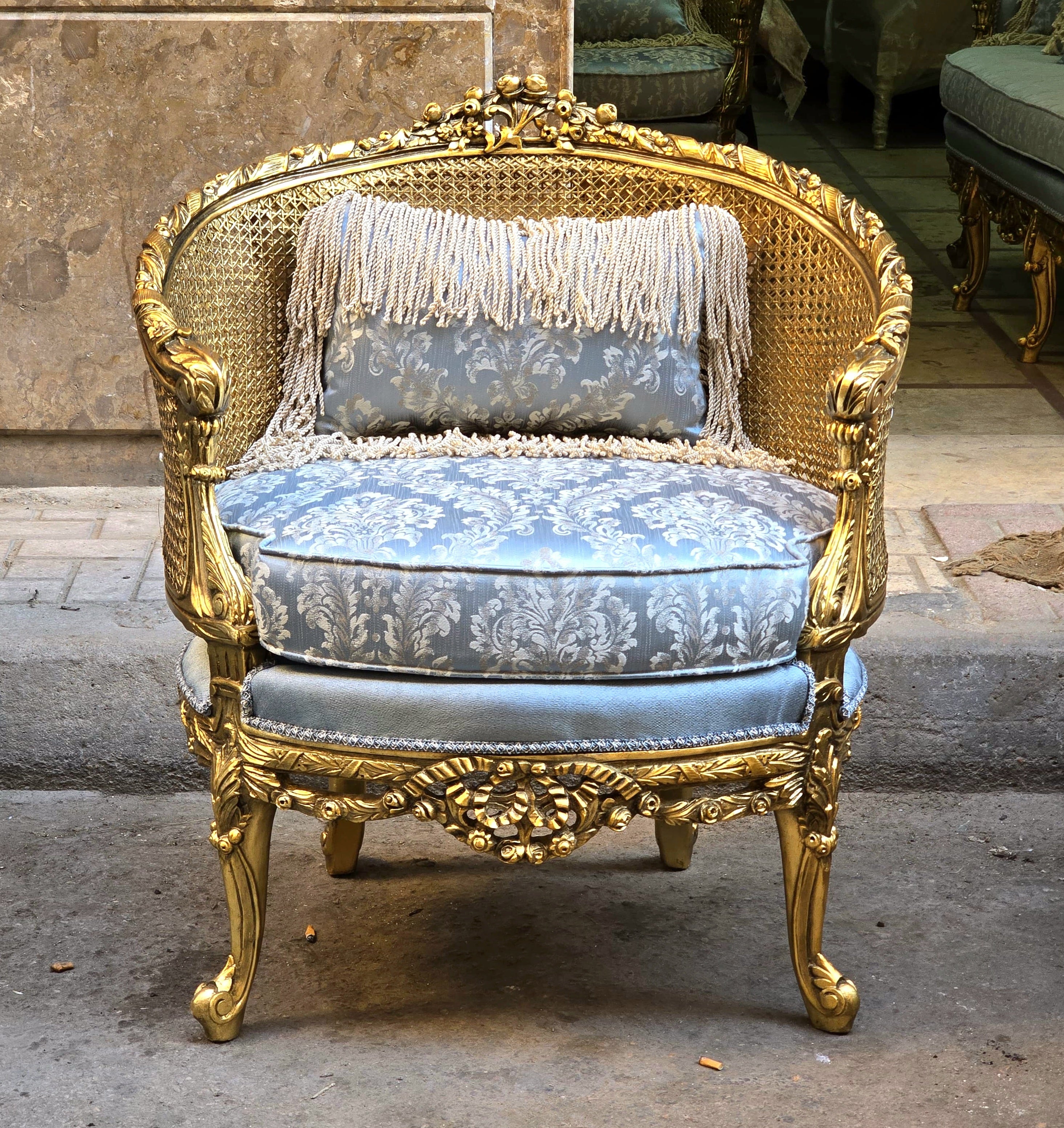 Baroque Style Sky Blue Damask Armchair – Gold Leaf Accent Chair with Pillow, Luxury French Seating