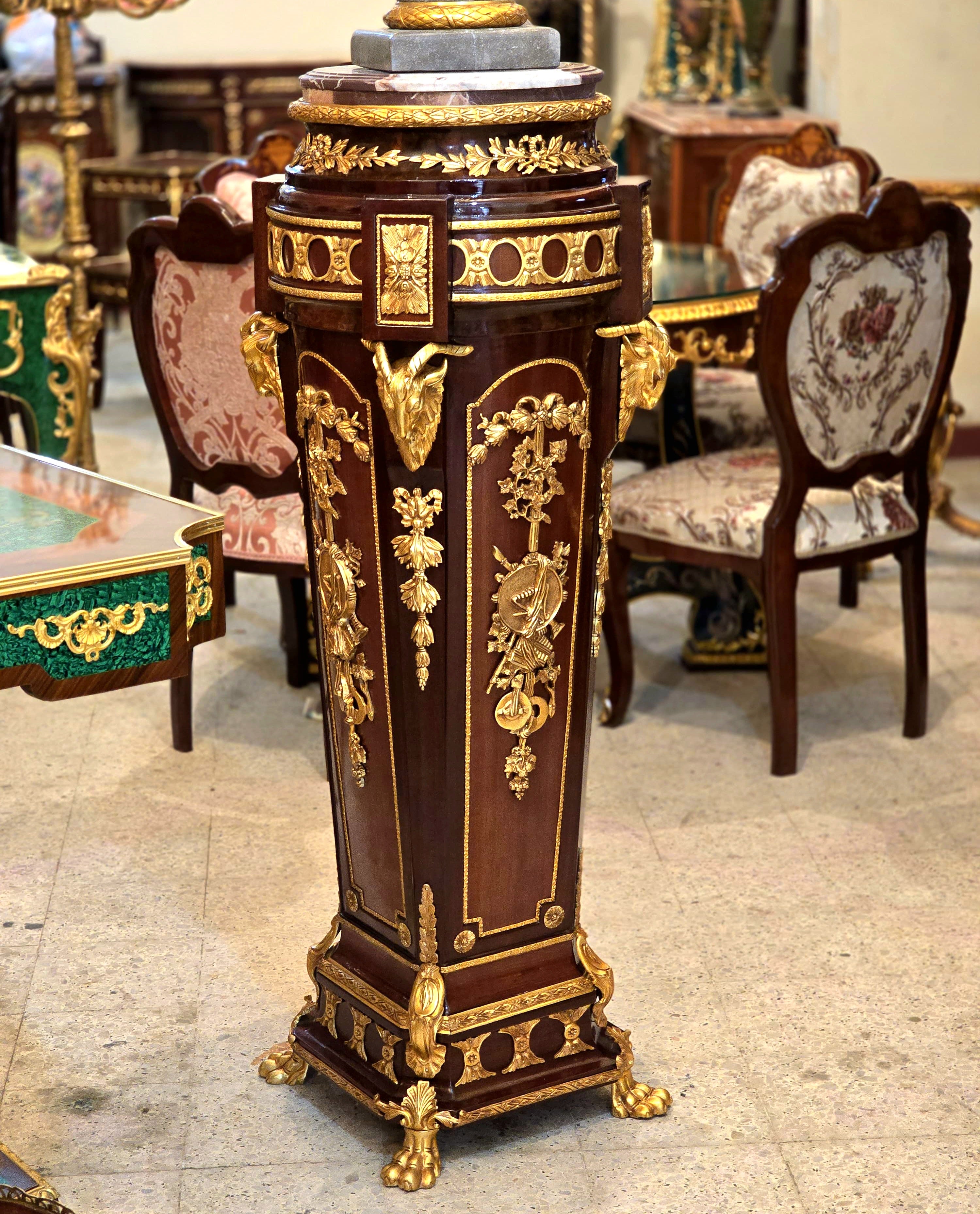 Luxury Ornate Wood Pedestal with Bronze Accents, Gold Leaf Details & Marble Top