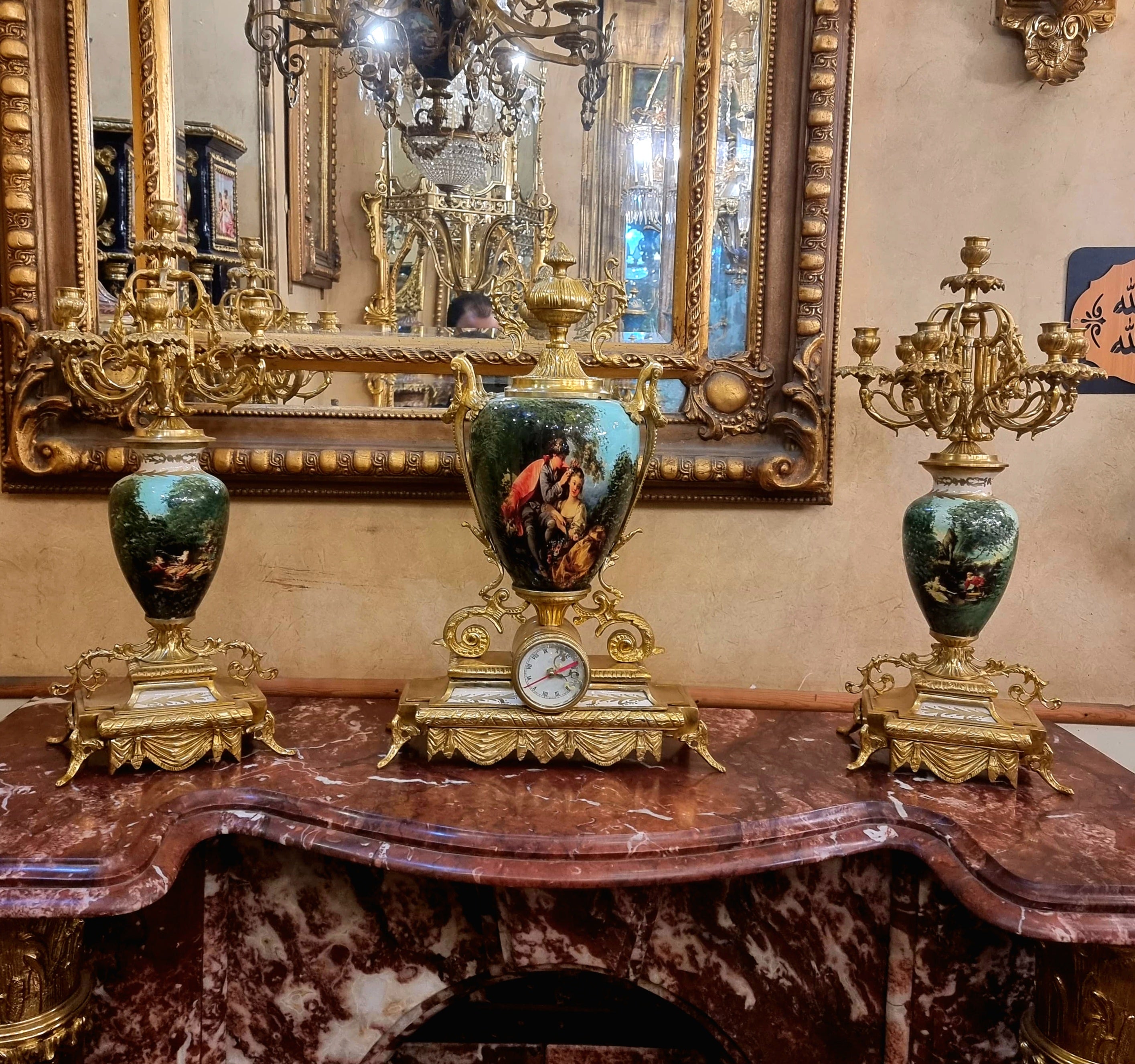 French Louis XV Style Mantel Clock Set with Matching Porcelain Scenic Vases – 3 Piece Collection