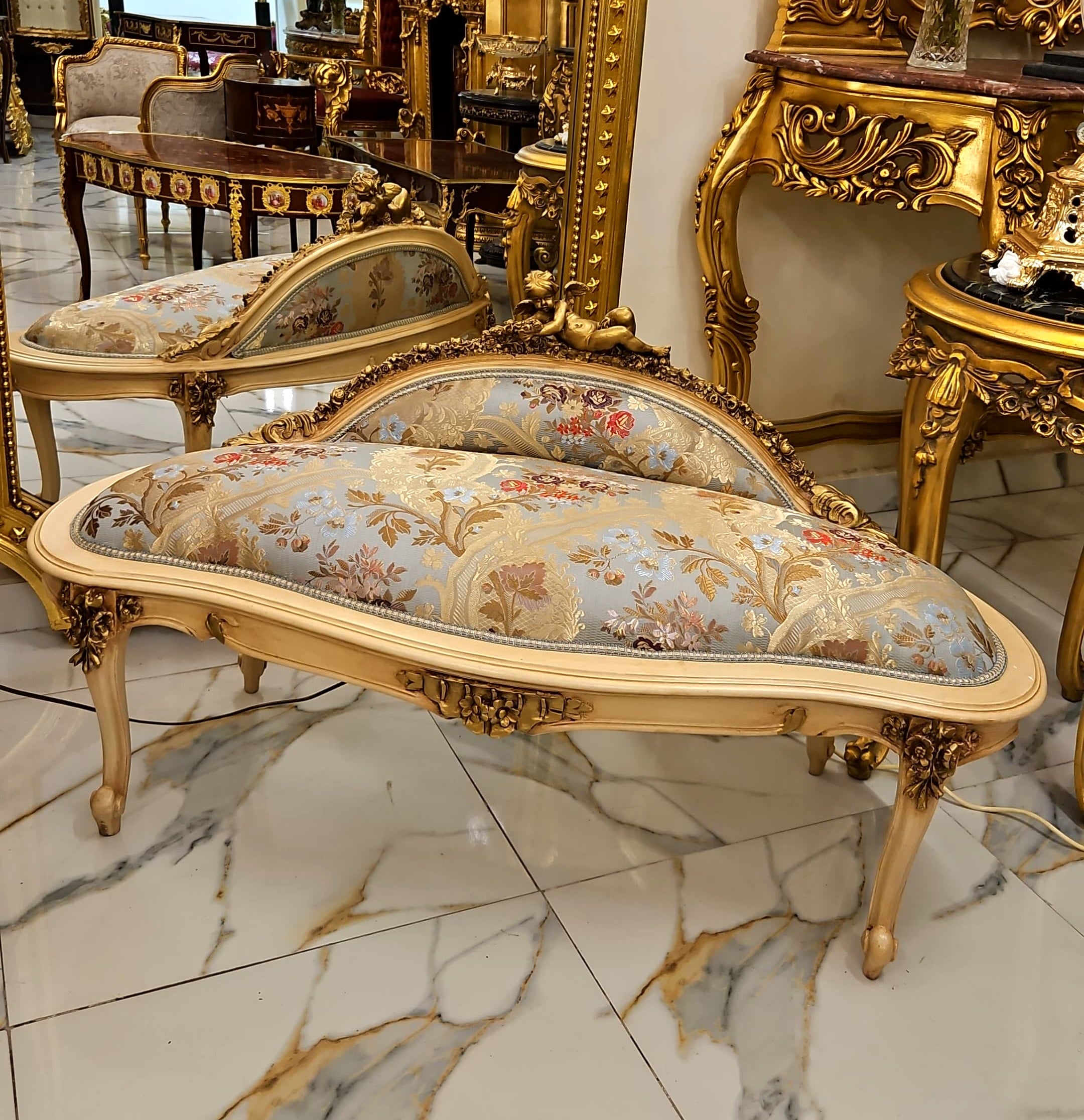 Antique French Style Gold Leaf Settee with Cherub Angel Crest and Damask Upholstery