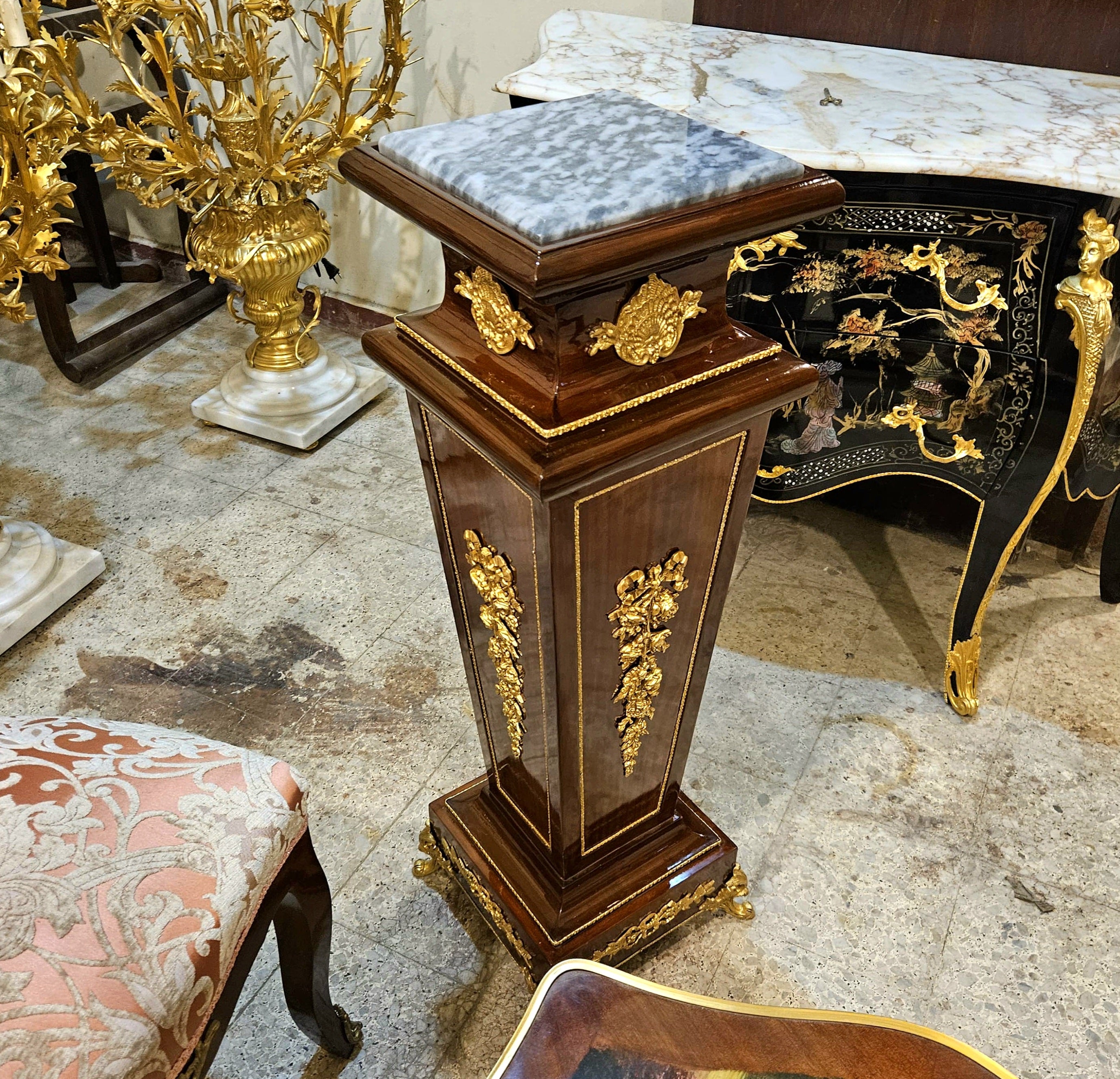 French Rococo Geometric Pedestal – Dark Wood Marble Top Column with Bronze & Gold Leaf Details