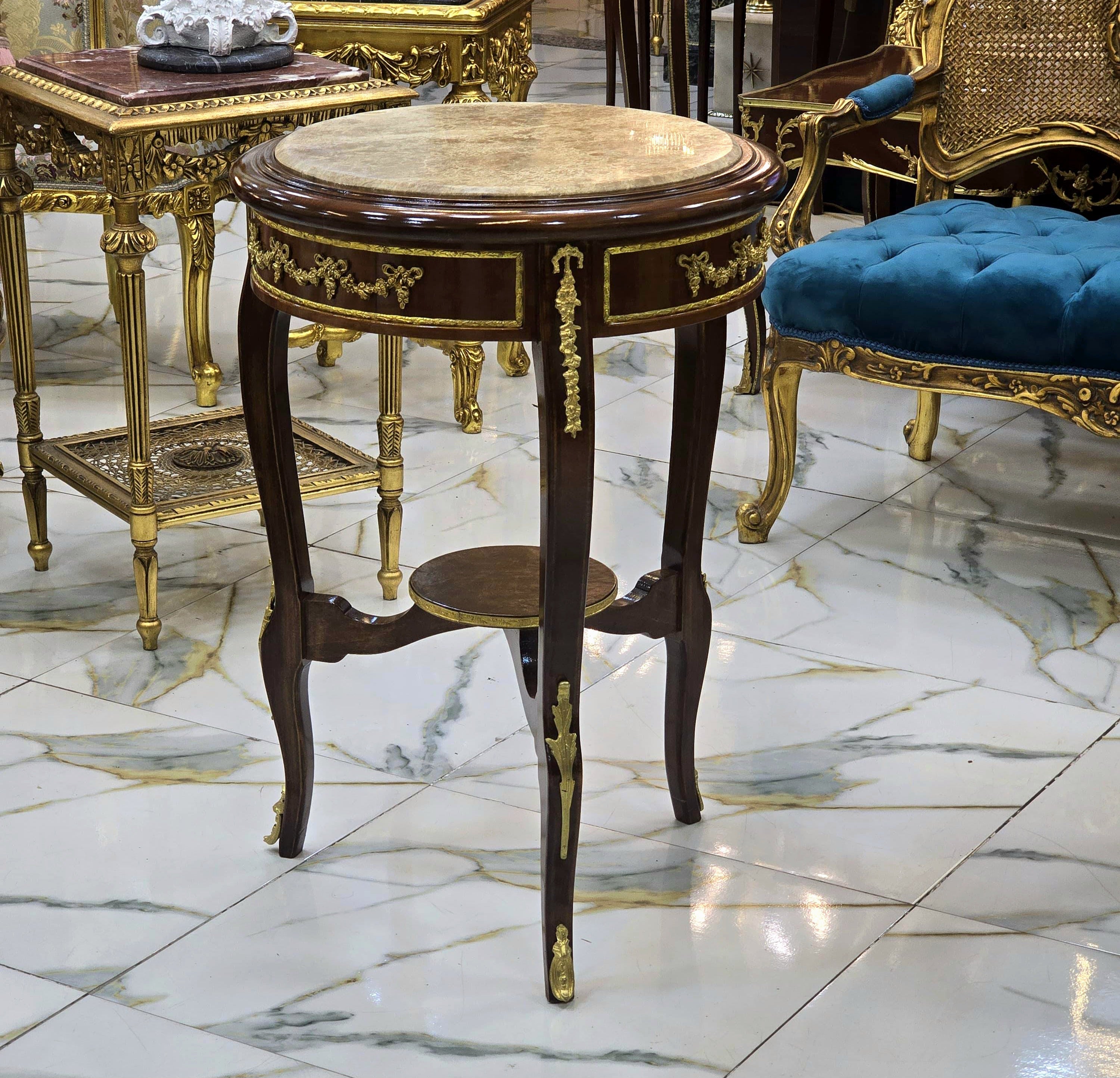 French Baroque Accent Table with Marble Top & Ornate Gold Details
