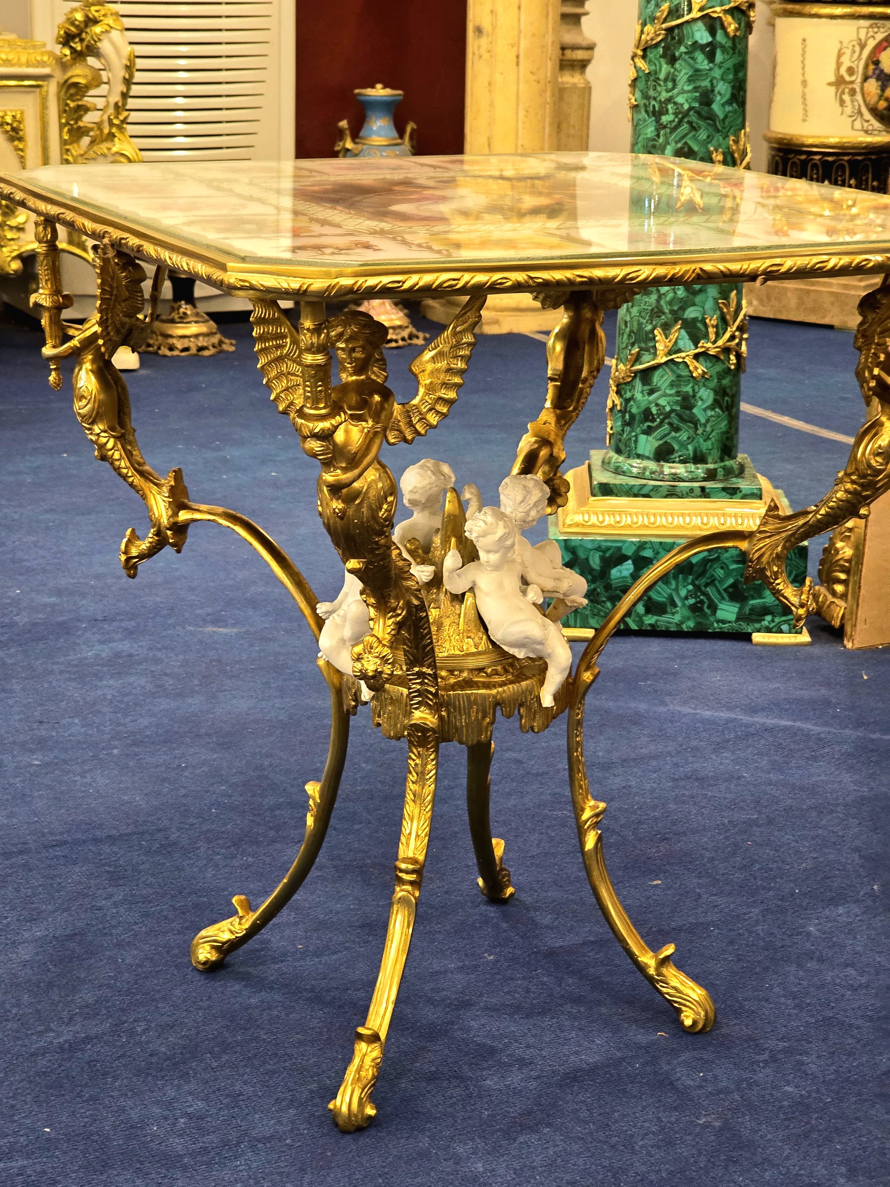 Romantic French Style Coffee Table with Cherub Artwork, Bronze Accents & Gold Leaf Details