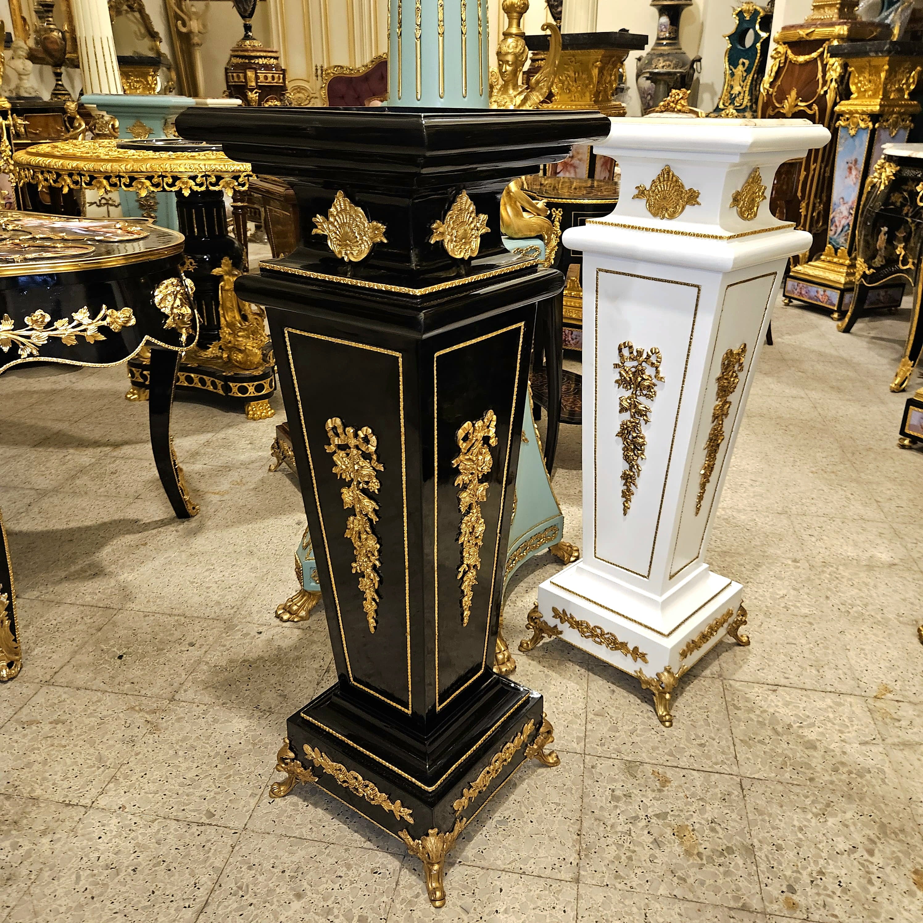 French Rococo White Geometric Pedestal – Marble Top Column with Bronze & Gold Leaf Details