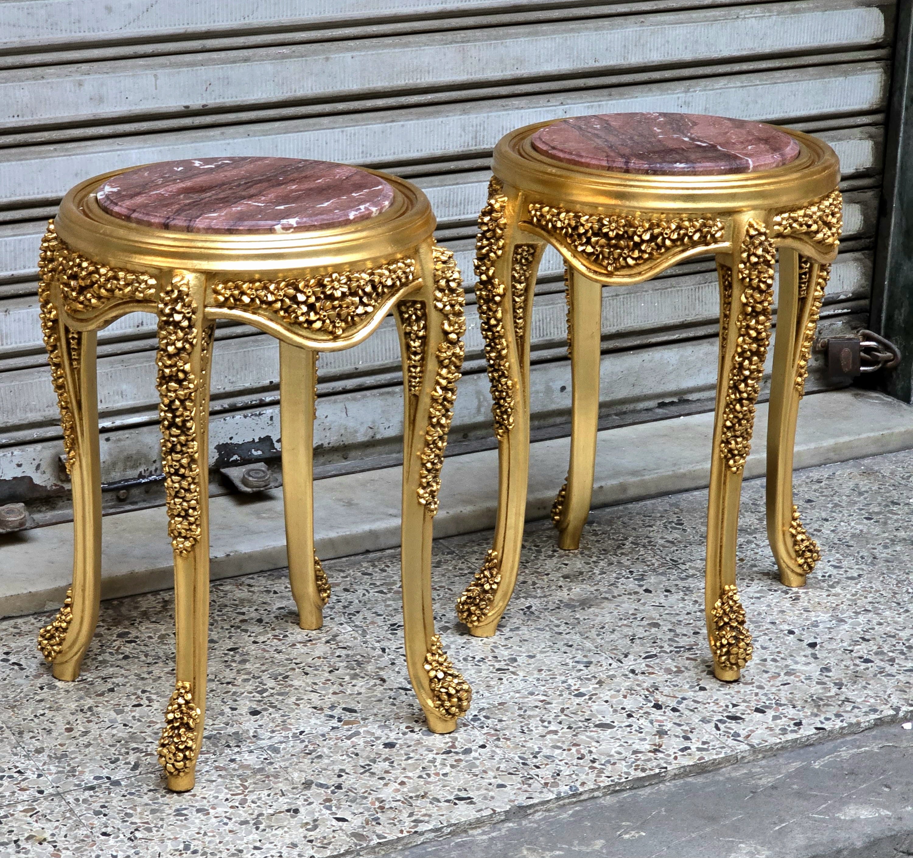 French Style Gold Leaf Side Table – Multicolor Marble Top Accent Table with Ornate European Details