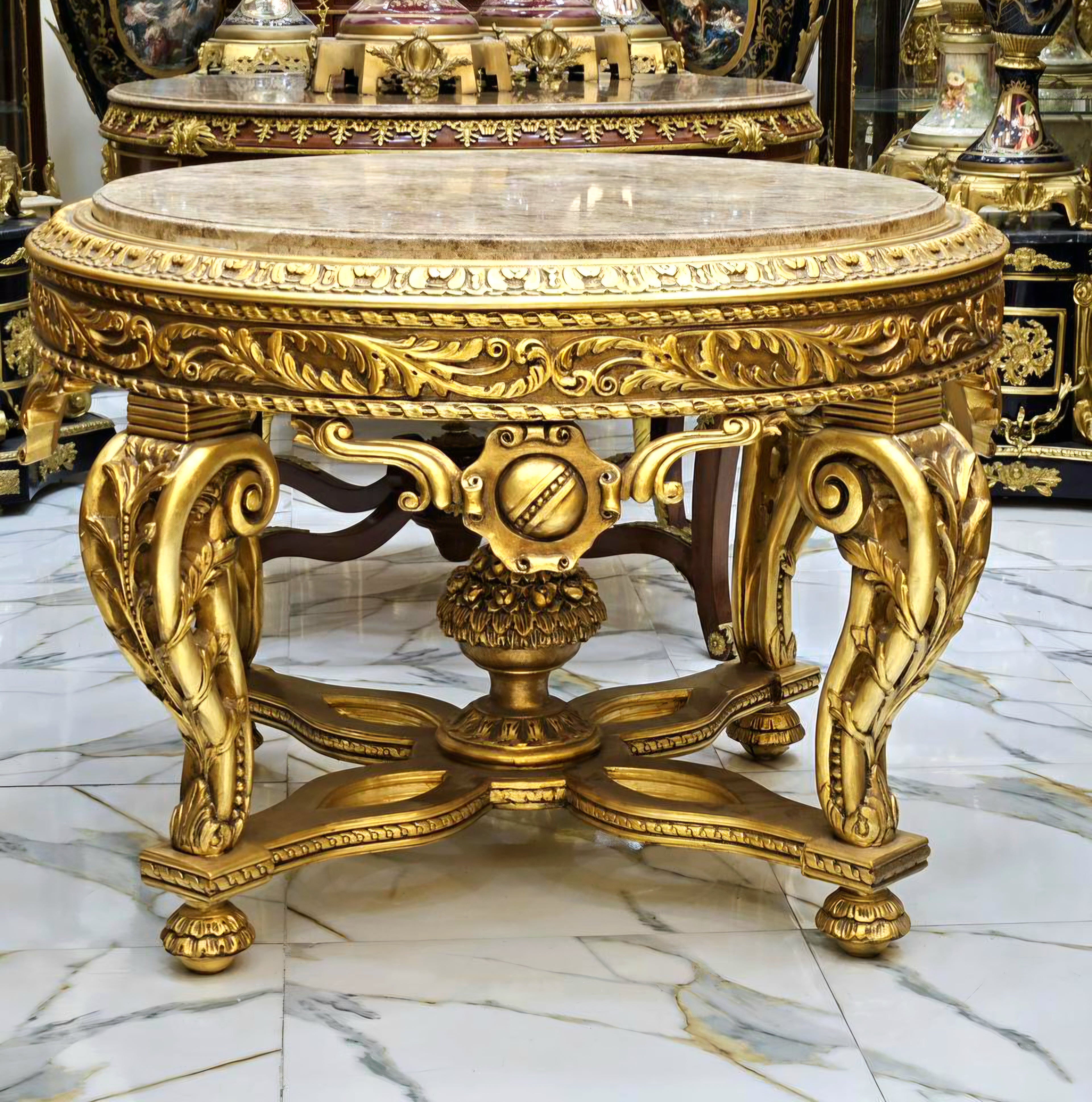 Victorian French Style Center Table – Fully Gold Leaf Gilded with Marble Top, Ornate Antique Design