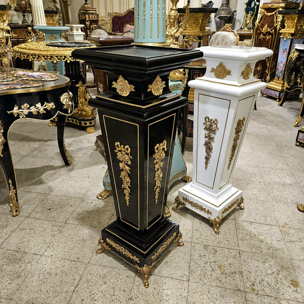 French Rococo Column French Rococo Black Geometric Pedestal – Marble Top Column with Bronze