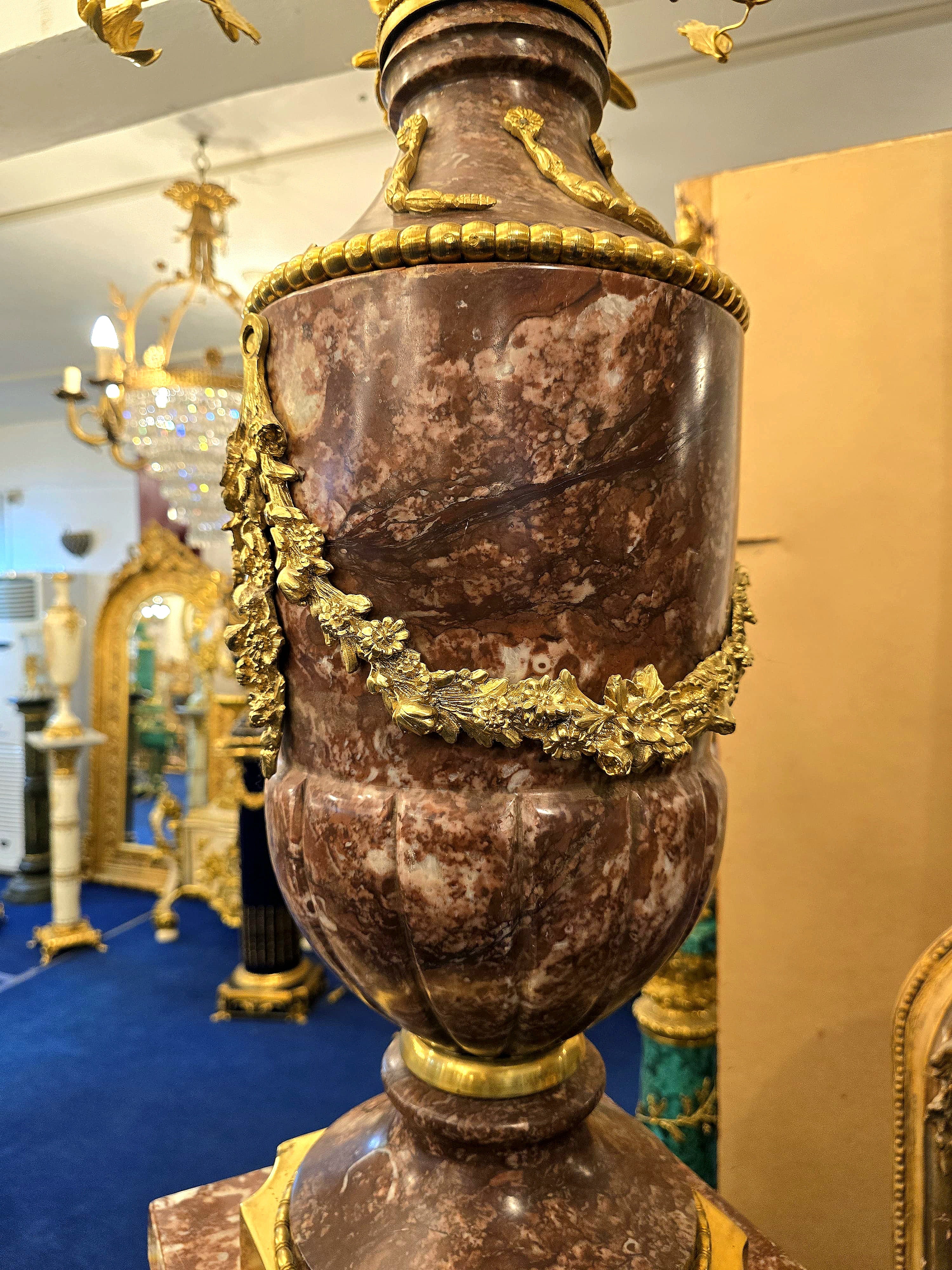 Magnificent Louis XVI-Style Porcelain Pedestal Centerpiece with Floral Gold Leaf Details & Gilded Bronze Accents