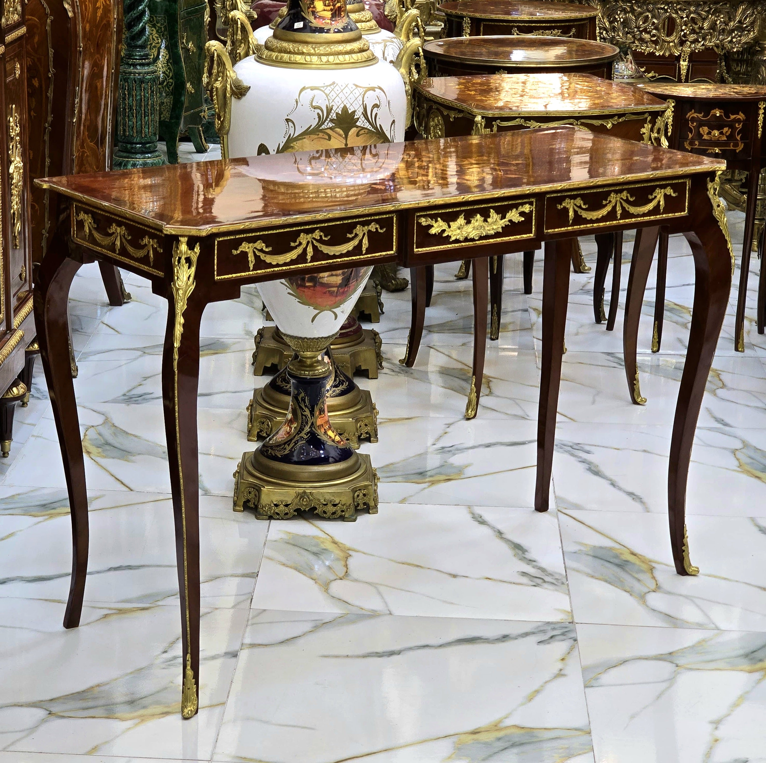 Rococo Style Console Table with Dark Brown Finish & Gold Leaf Details – Handcrafted Luxury Accent Piece