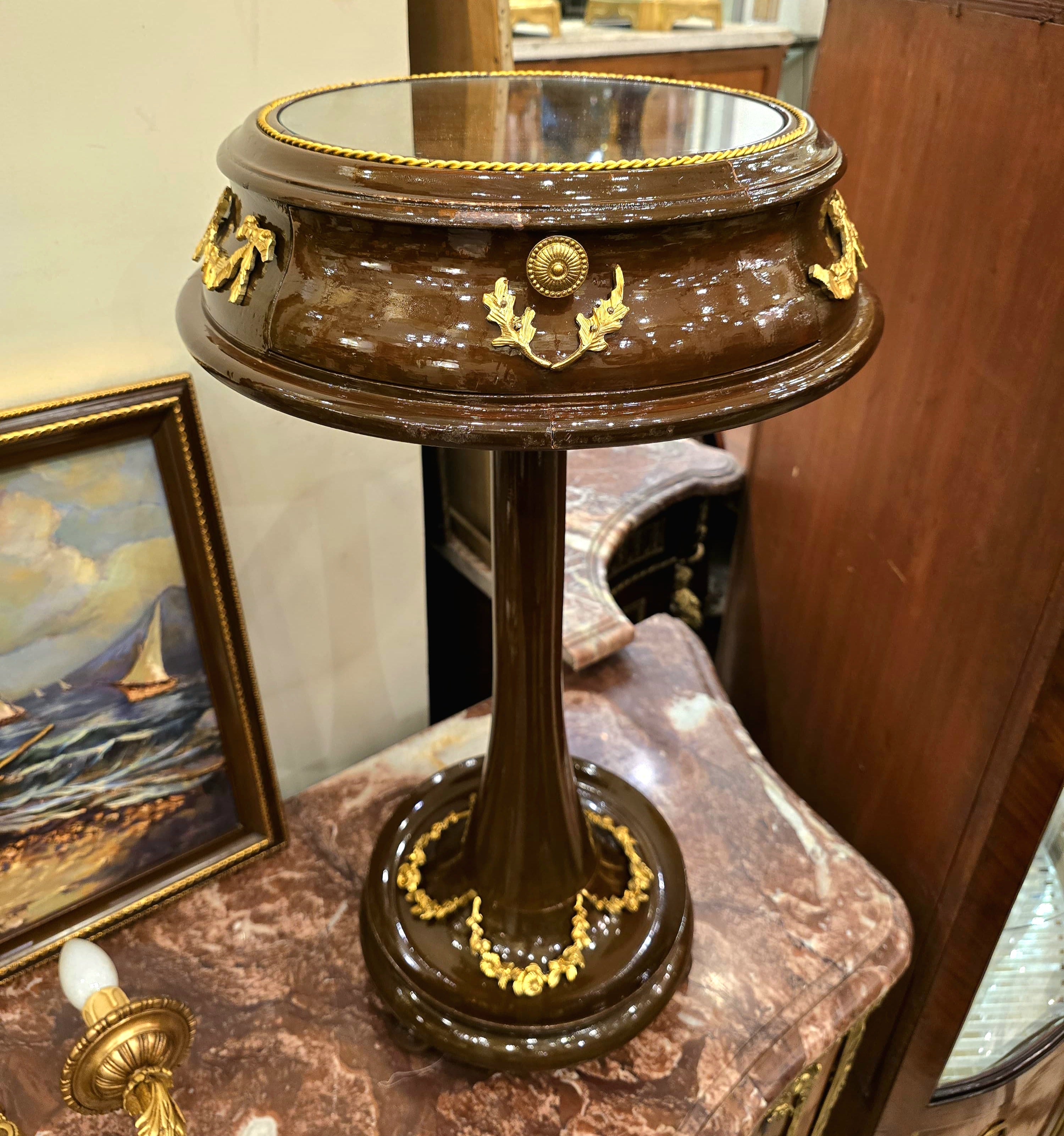 French Style Wood Side Table with Glass Top, Gold Leaf Details & Functional Drawer