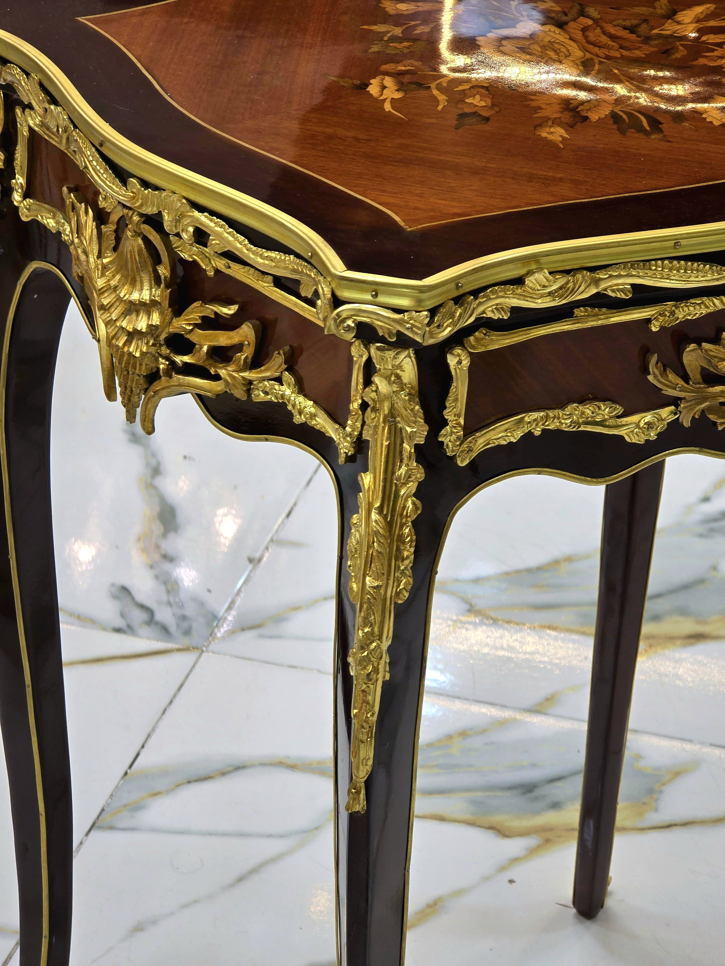 French Accent Side Table with Glass Top, Gold Leaf & Bronze Details