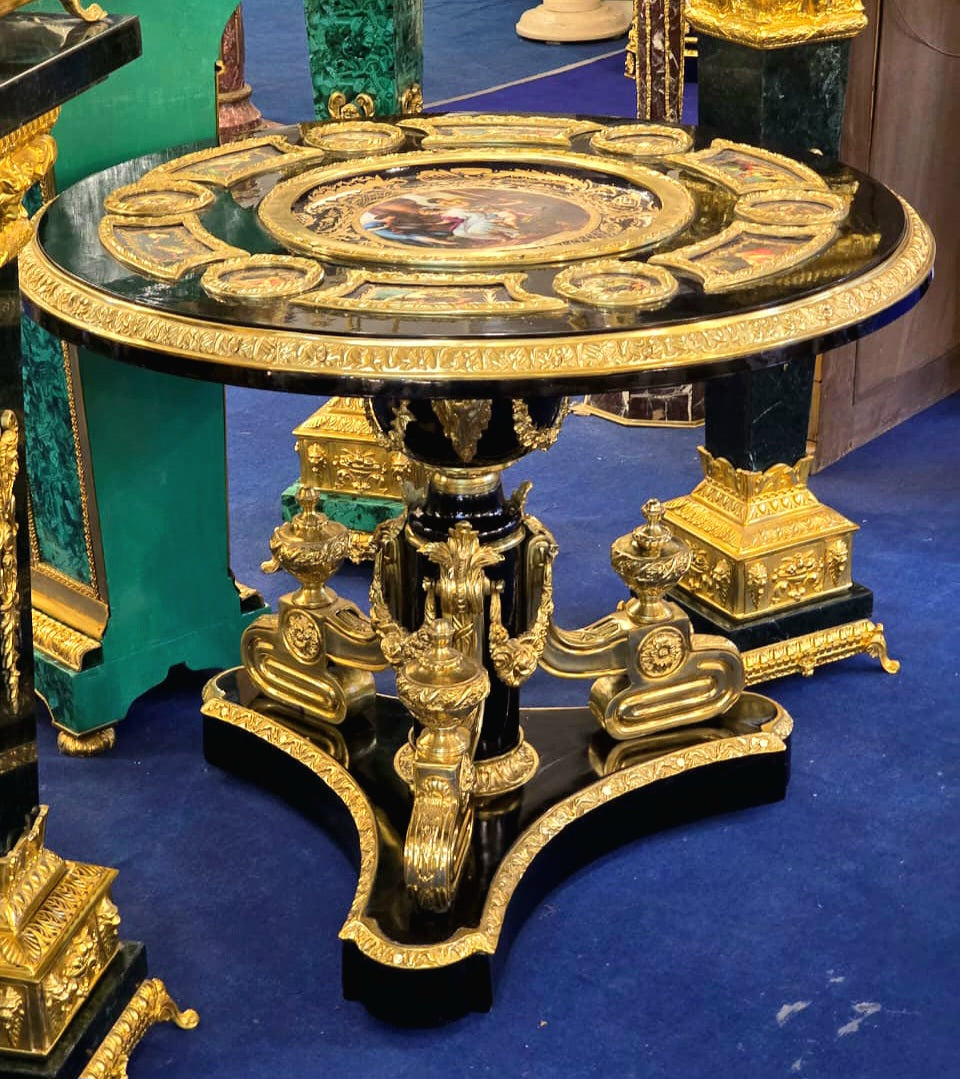 Grand Rococo Style Black Round Dining Table with Gold Leaf Details & Decorative Artwork Insets