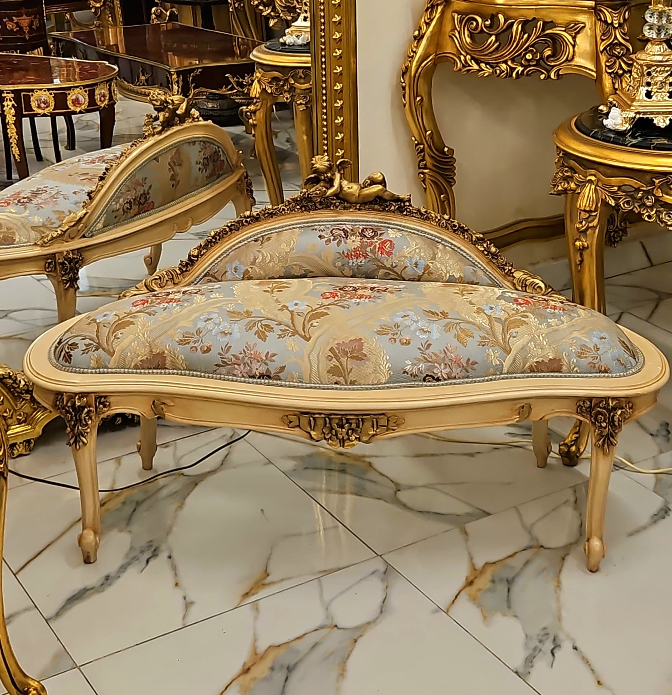 Antique French Style Gold Leaf Settee with Cherub Angel Crest and Damask Upholstery