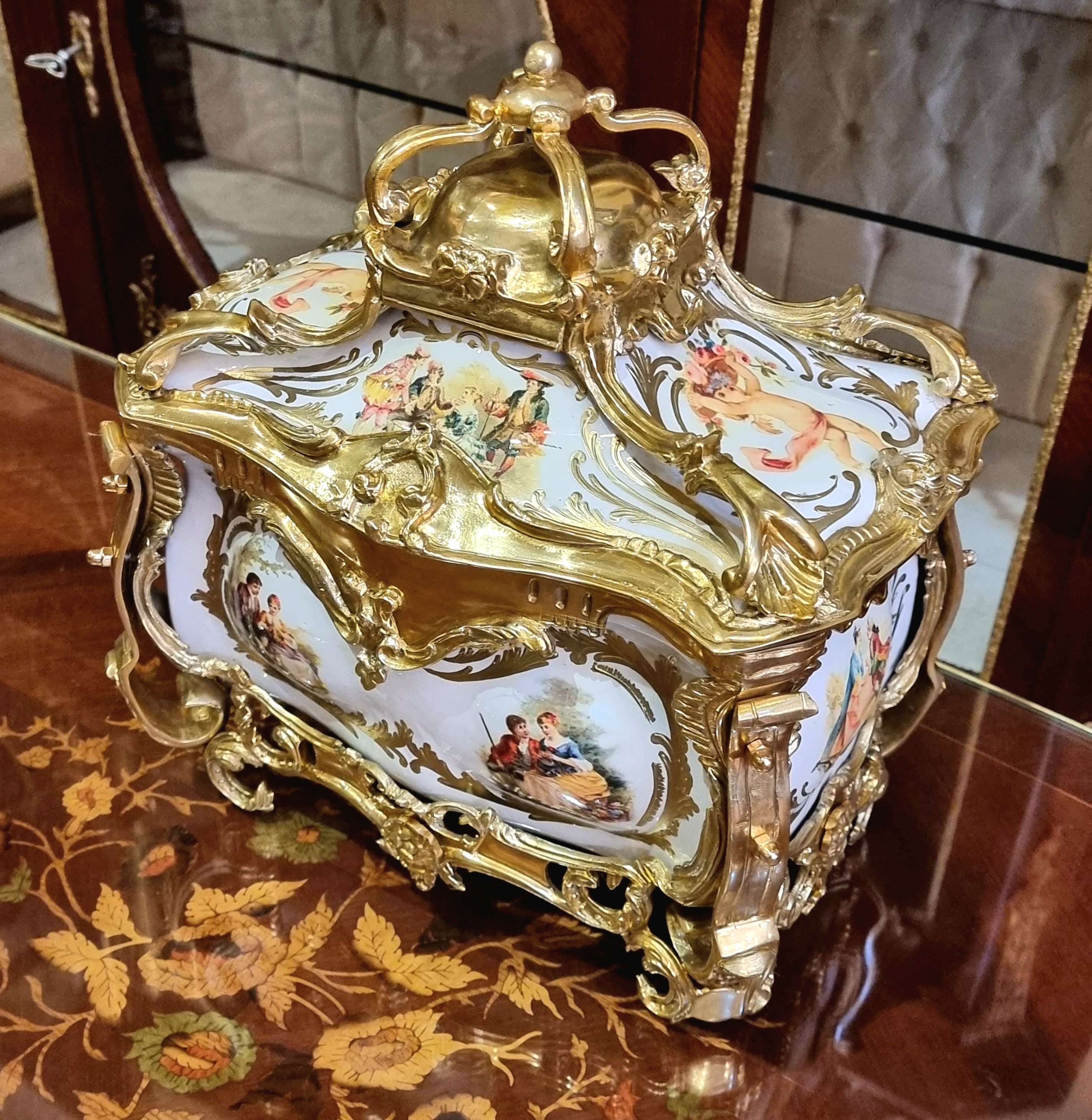 French Style Porcelain Jewelry Box with Gilt Bronze Ormolu Details