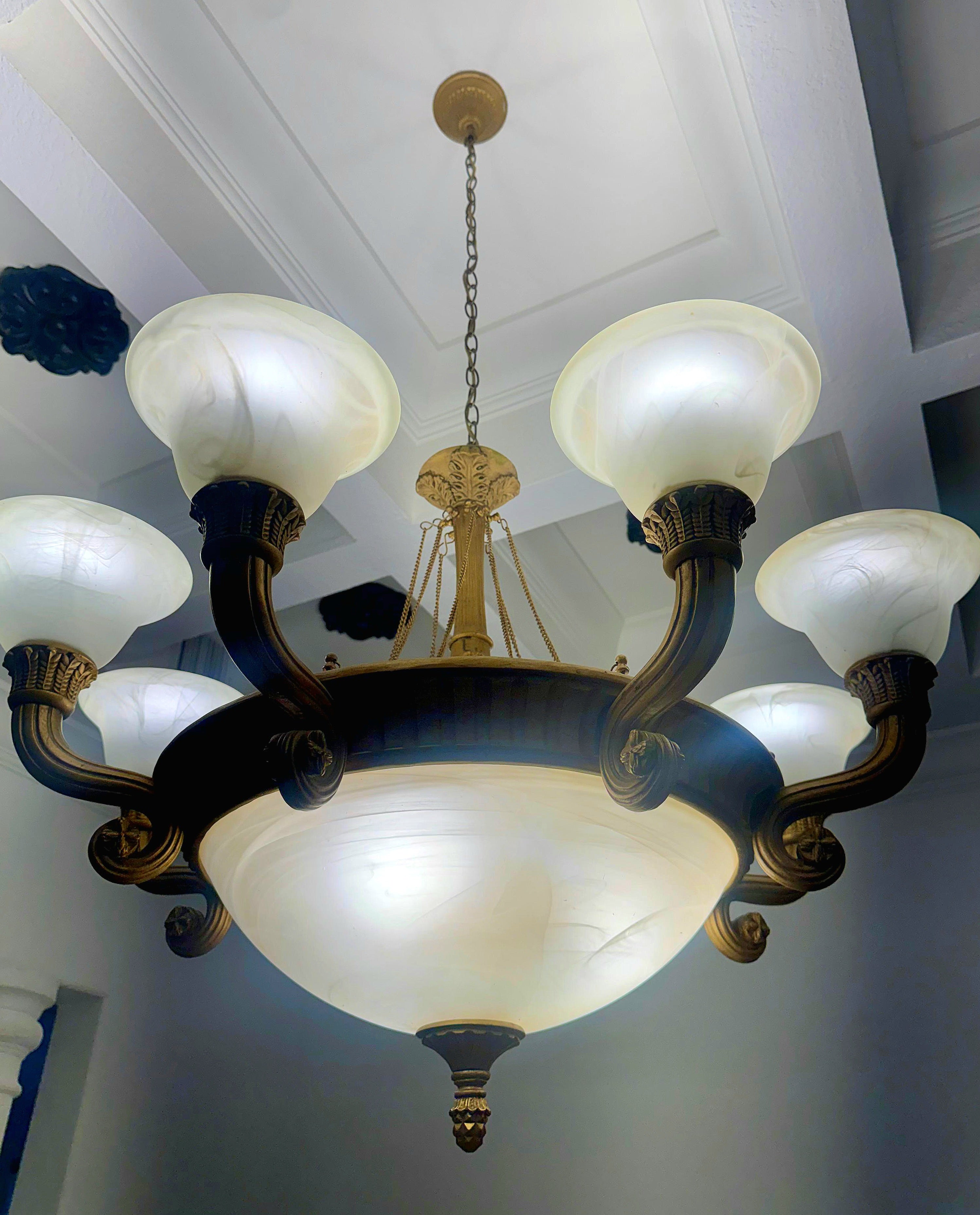 French Empire Vintage 36" Neoclassical Alabaster & Heavy Gilded Brass Chandelier 11 Bulbs