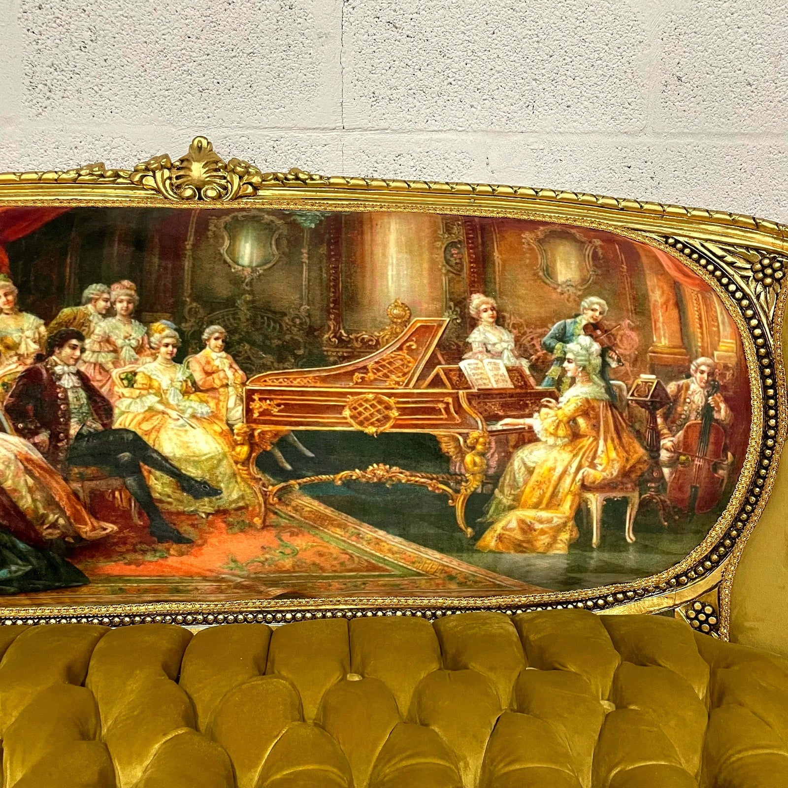 French Tufted Mustard Sofa – Victorian Scene Upholstery, Gold Leaf, Baroque Style, Luxury Vintage French Furniture