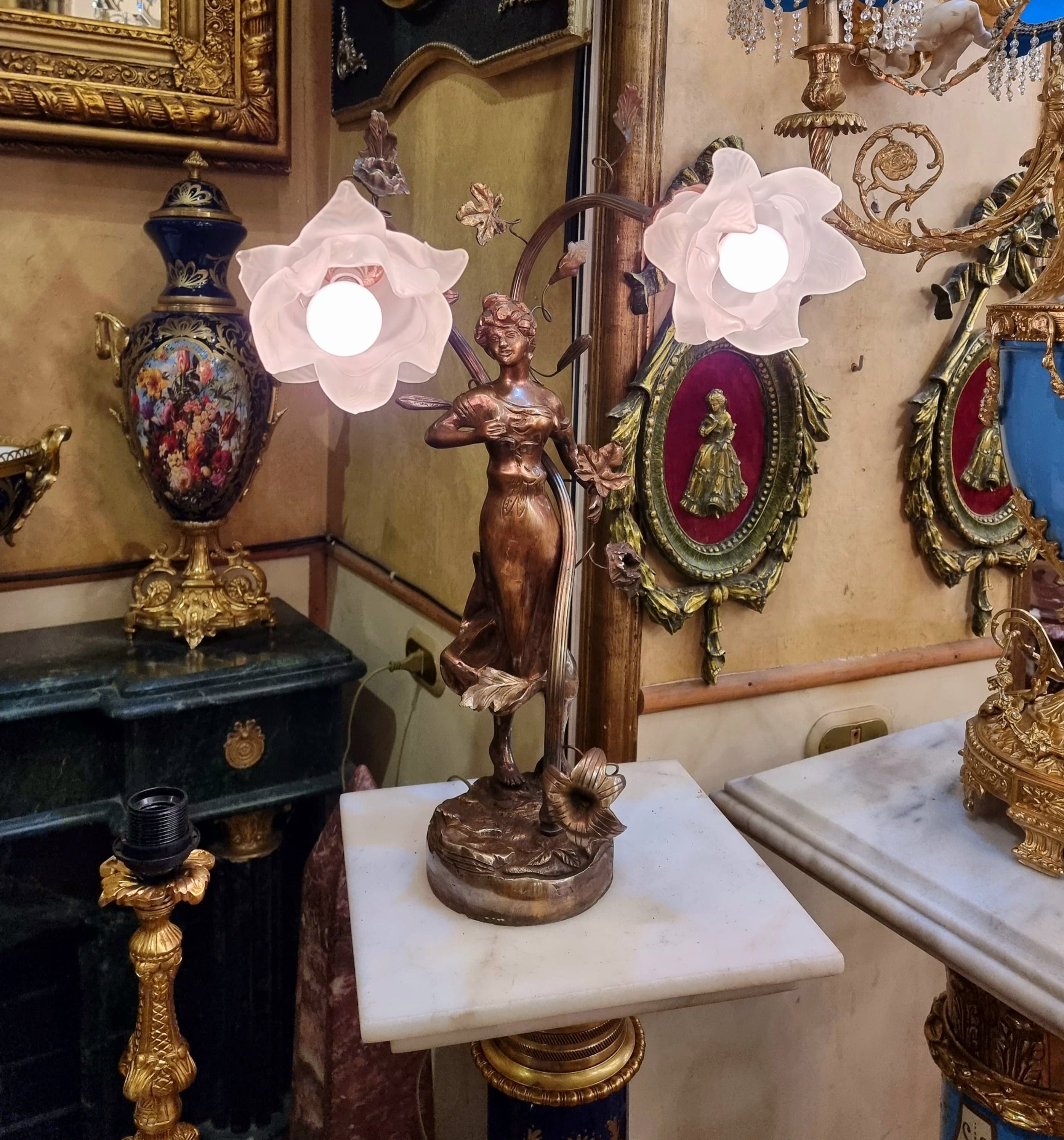 Art Nouveau Lady Table Lamp with Floral Glass Shades & Bronze Finish