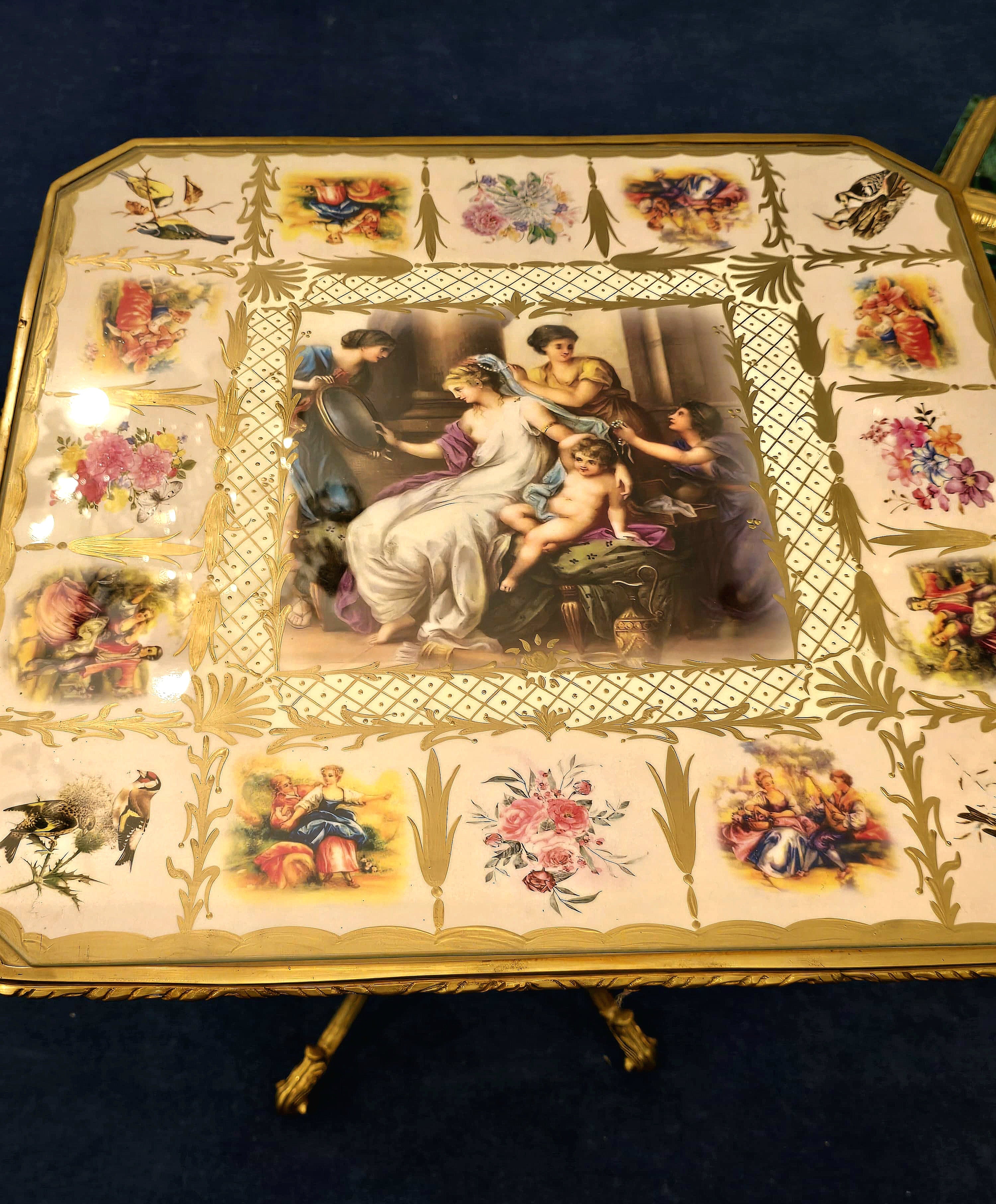 Romantic French Style Coffee Table with Cherub Artwork, Bronze Accents & Gold Leaf Details