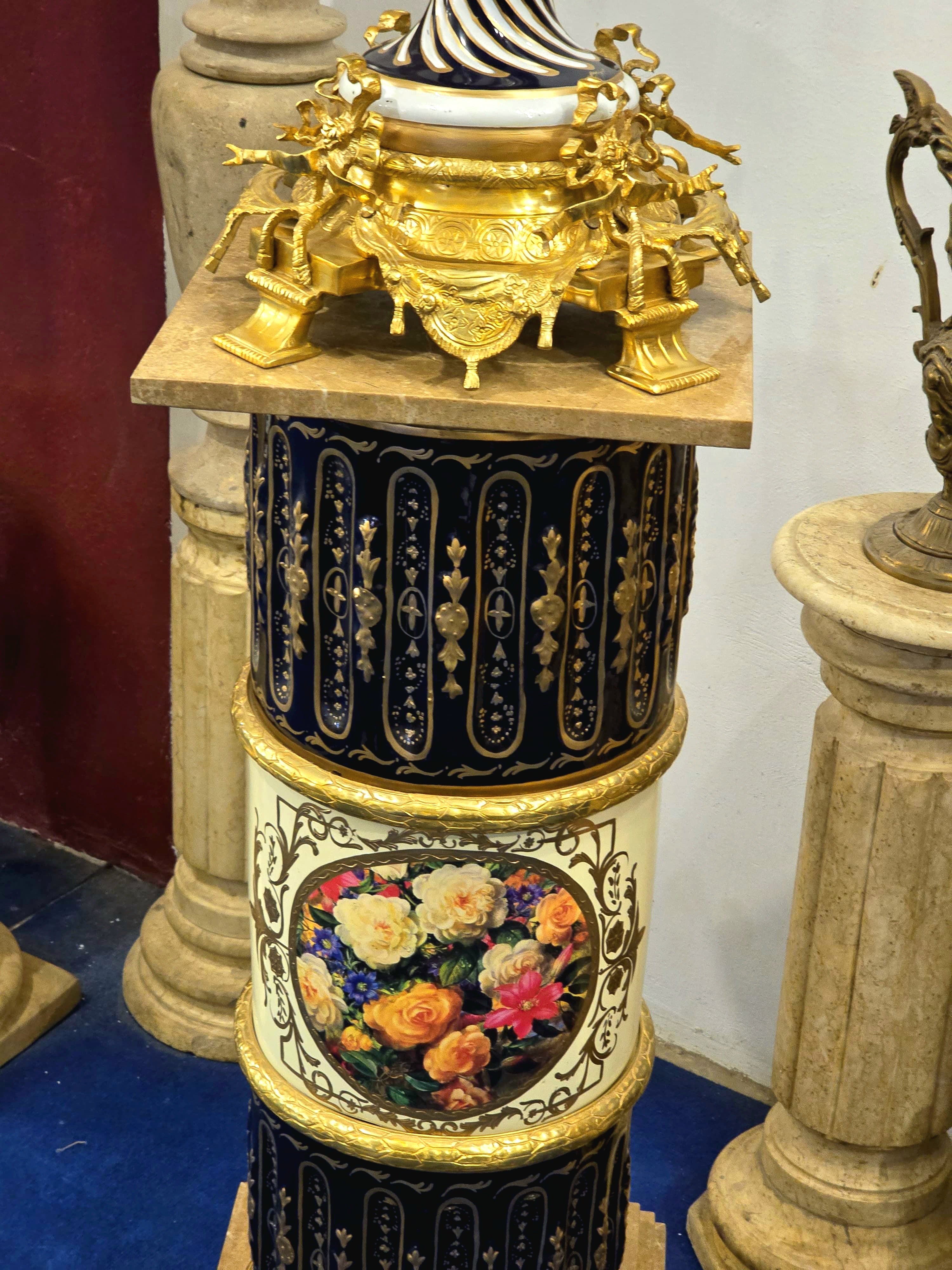 Grand Baroque-Style Black Porcelain Vase with Marble Pedestal & Gold Leaf Details
