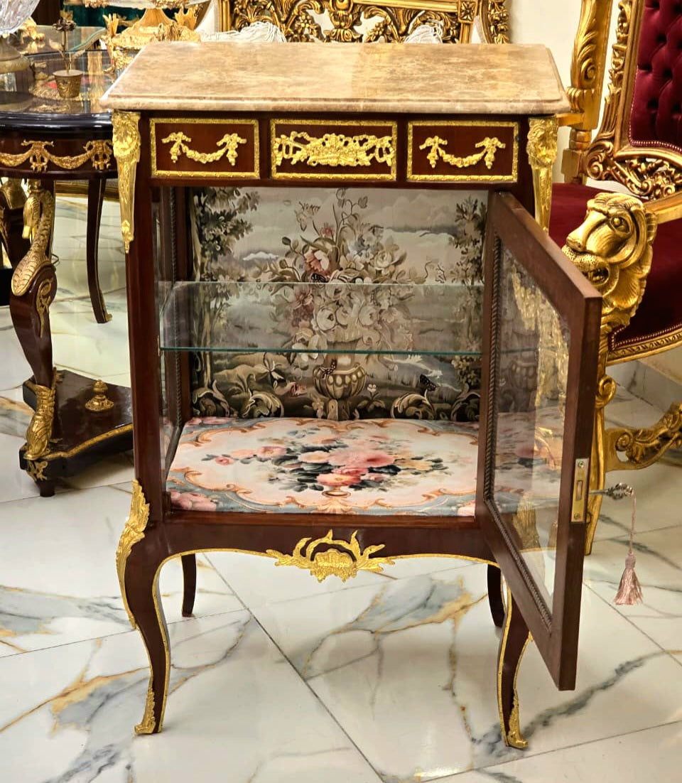 Louis XV Marquetry Bedside Cabinet with Floral Damask Interior & Marble Top