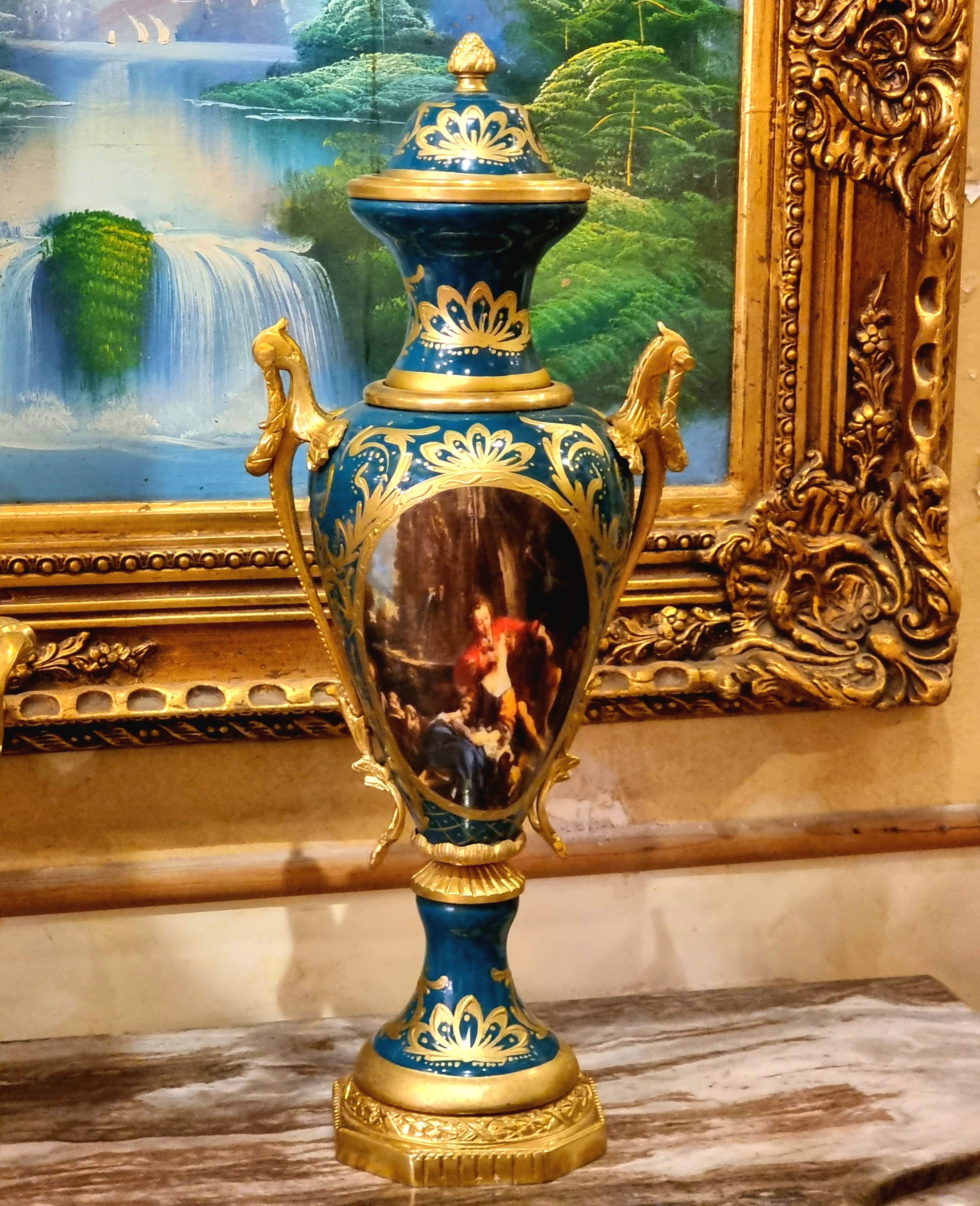 French Louis XV Style 3-Piece Porcelain Garniture Set with Bronze & Gold Leaf Details