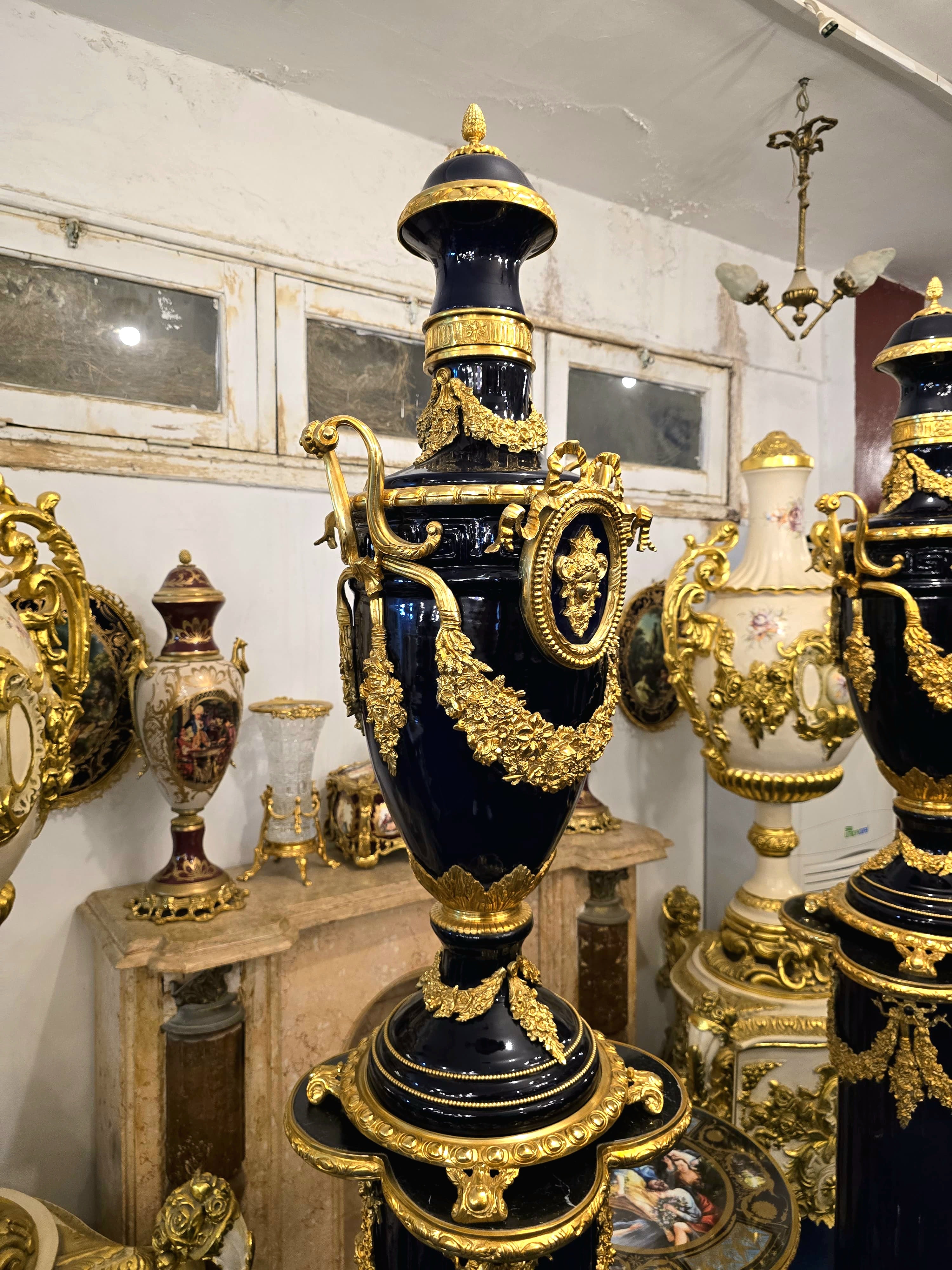 Grand Sevres-Style Midnight Blue Porcelain Vase on Pedestal with Gold Leaf & Bronze Details