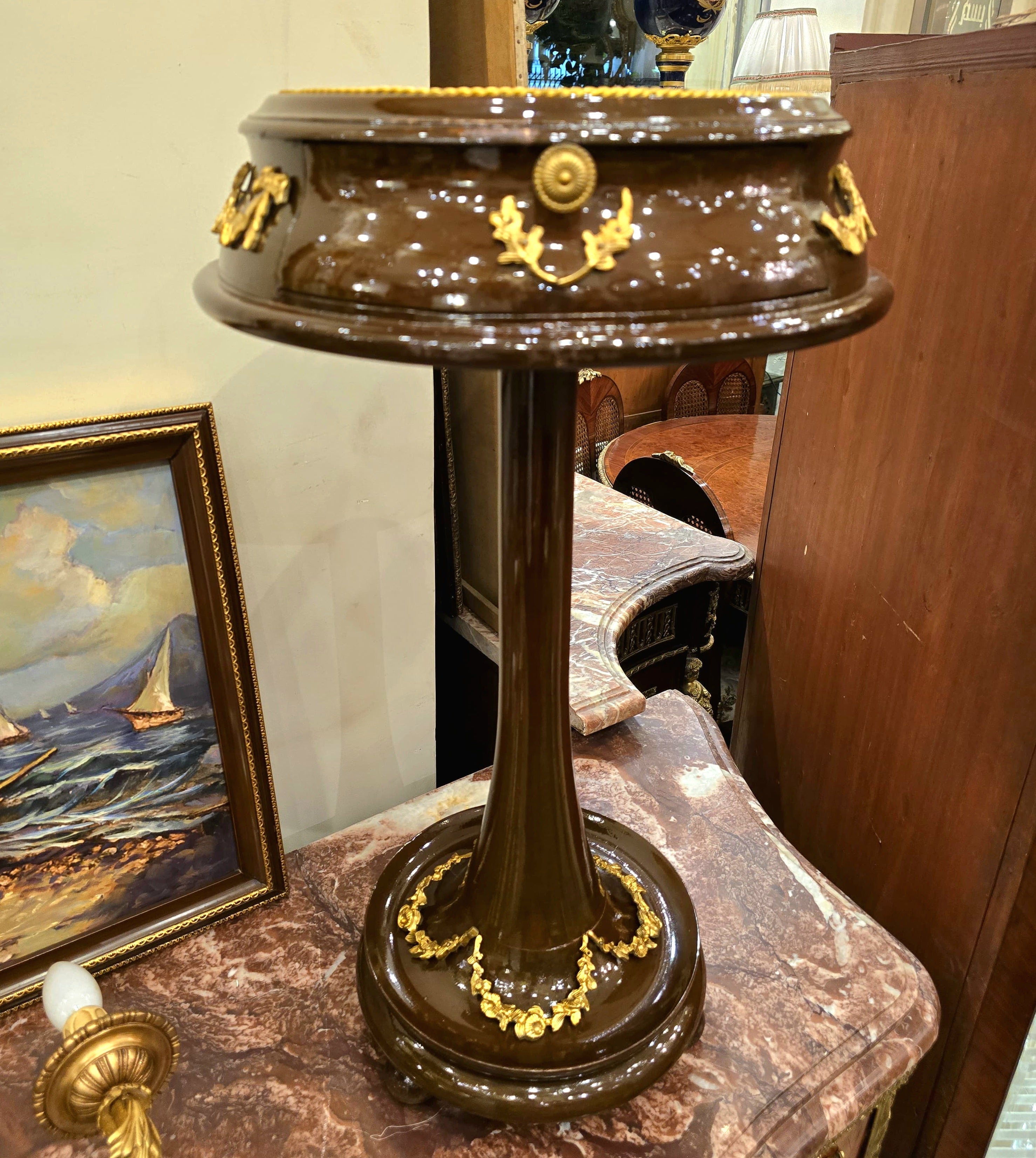 French Style Wood Side Table with Glass Top, Gold Leaf Details & Functional Drawer