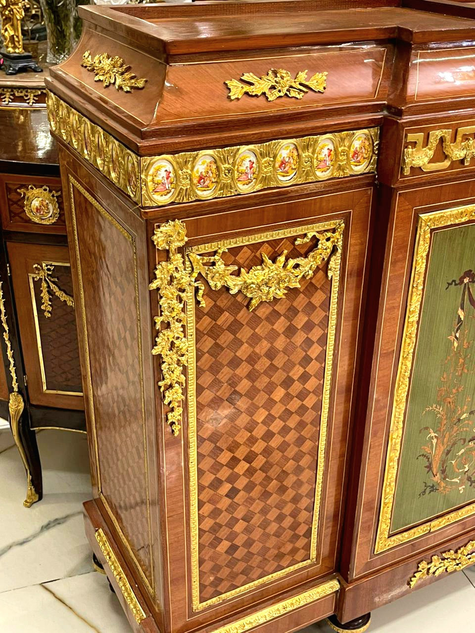 Antique French Louis XVI Brown Commode – Marble Top, Marquetry & Gold Leaf Cabinet