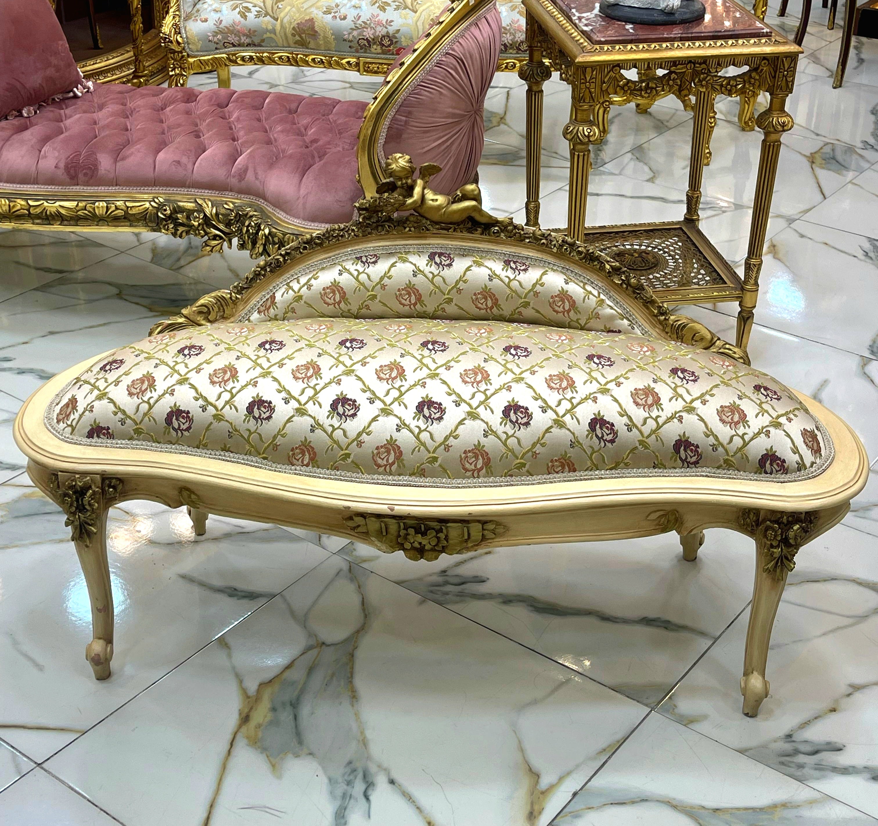 Antique French Style Beige White Settee with Gold Leaf Finish, Cherub Angel Crest and Damask Upholstery