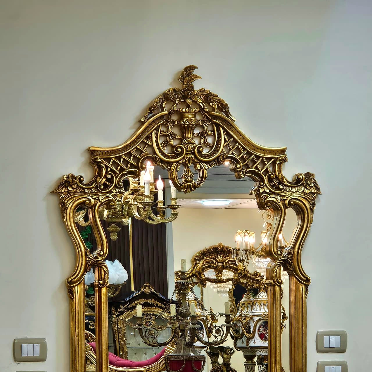 Rococo Gold Leaf Console Table with Black Marble Top & Ornate Mirror Set